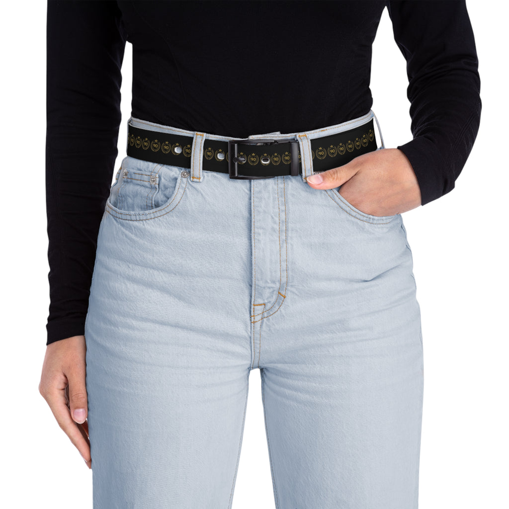 Ninety Minute” Black Crest Belt — Gold Crown & Shield Logo, Black Buckle