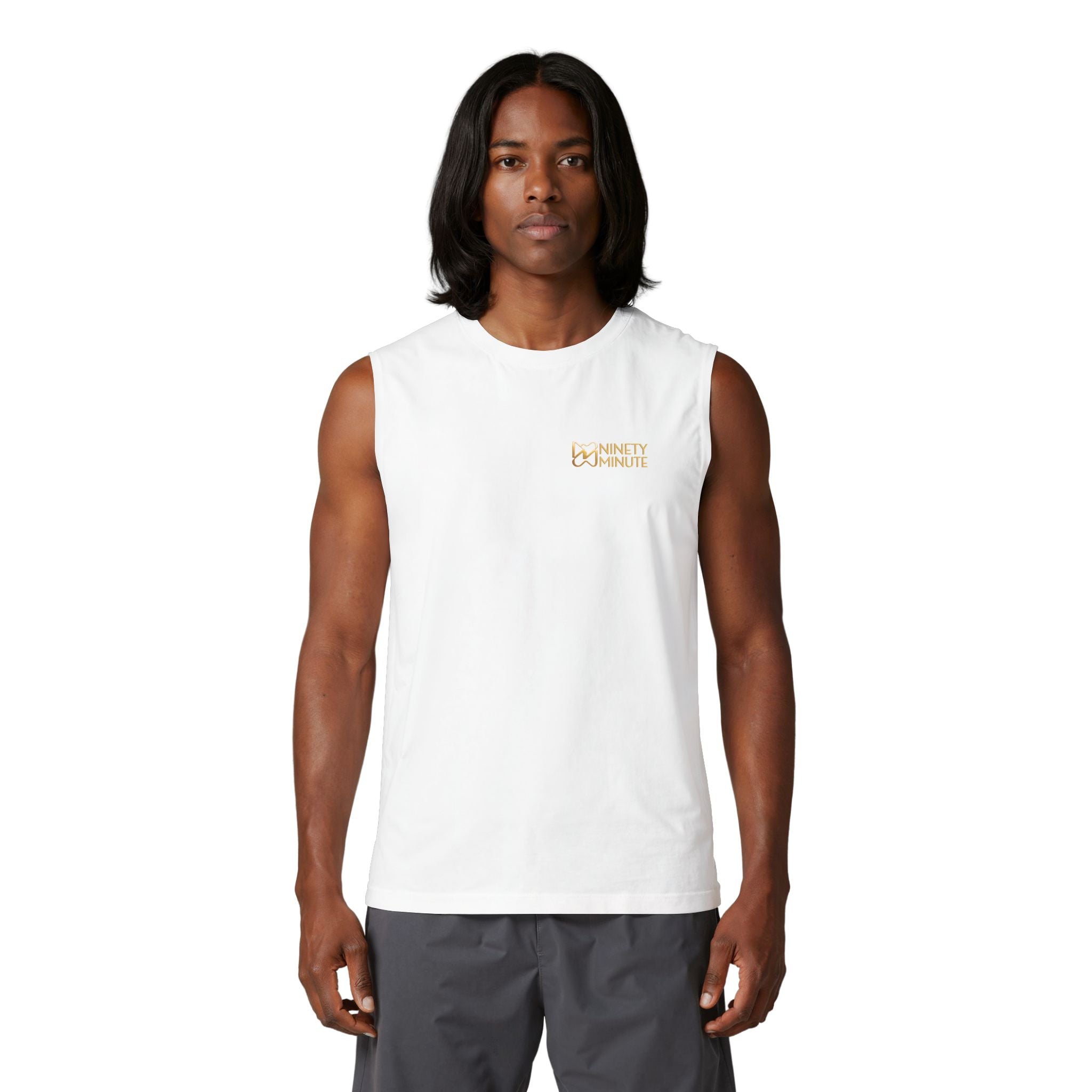 Ninety Minute Men’s Jersey Muscle Tank (Black/White, Wordmark)