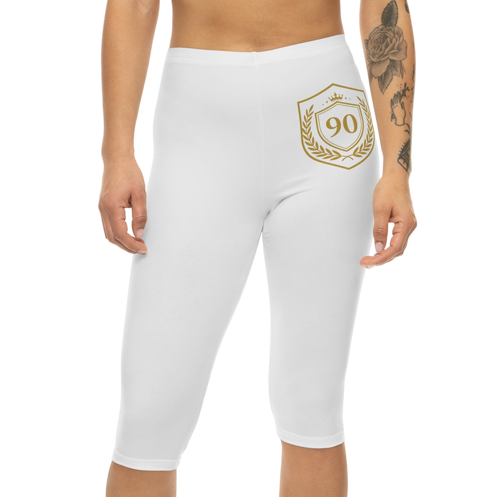 Ninety Minute | Gold Crest Logo Capri Leggings | Women’s Mid-Rise Active Pants - White