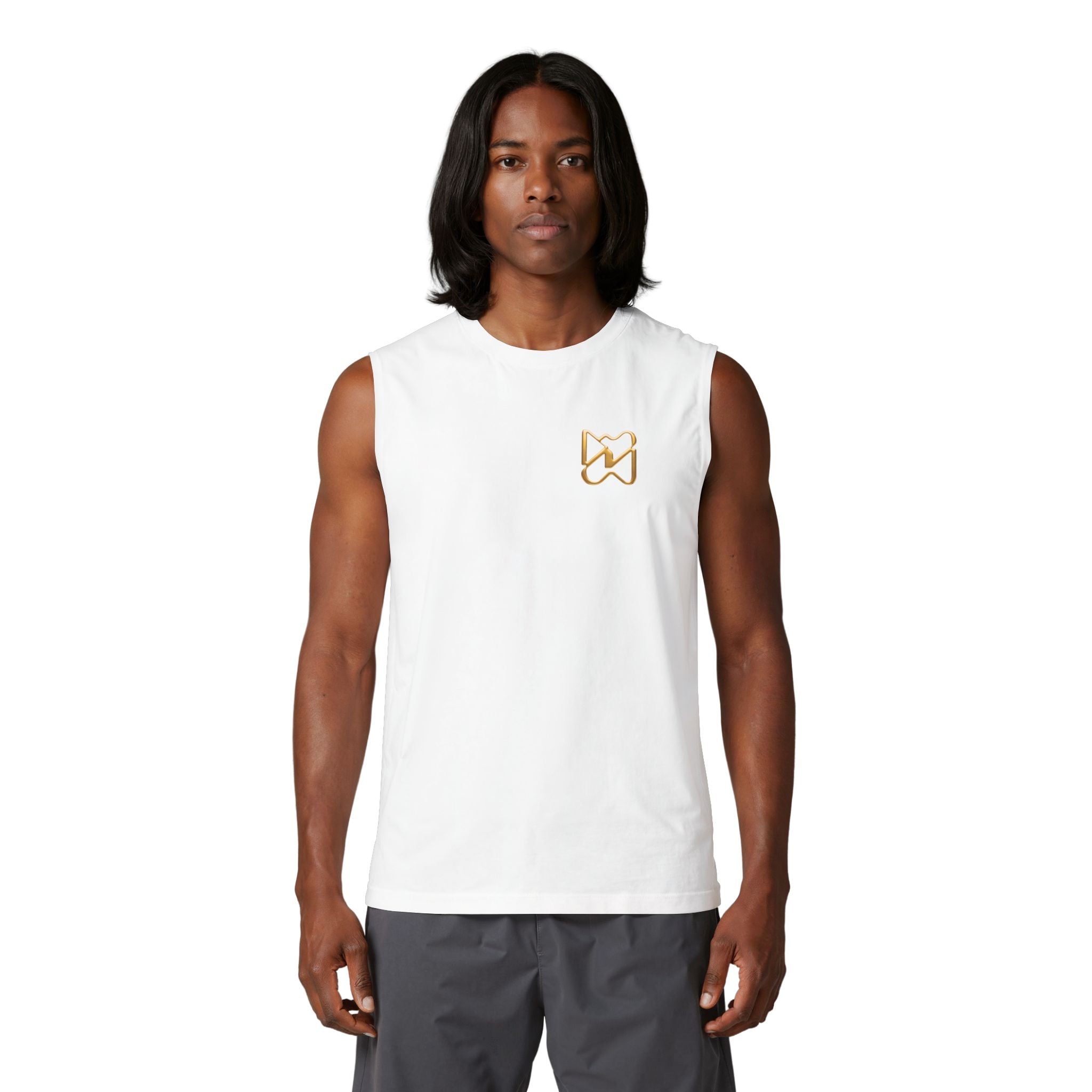 Ninety Minute Men’s Jersey Muscle Tank (Black/White, Chest Logo)