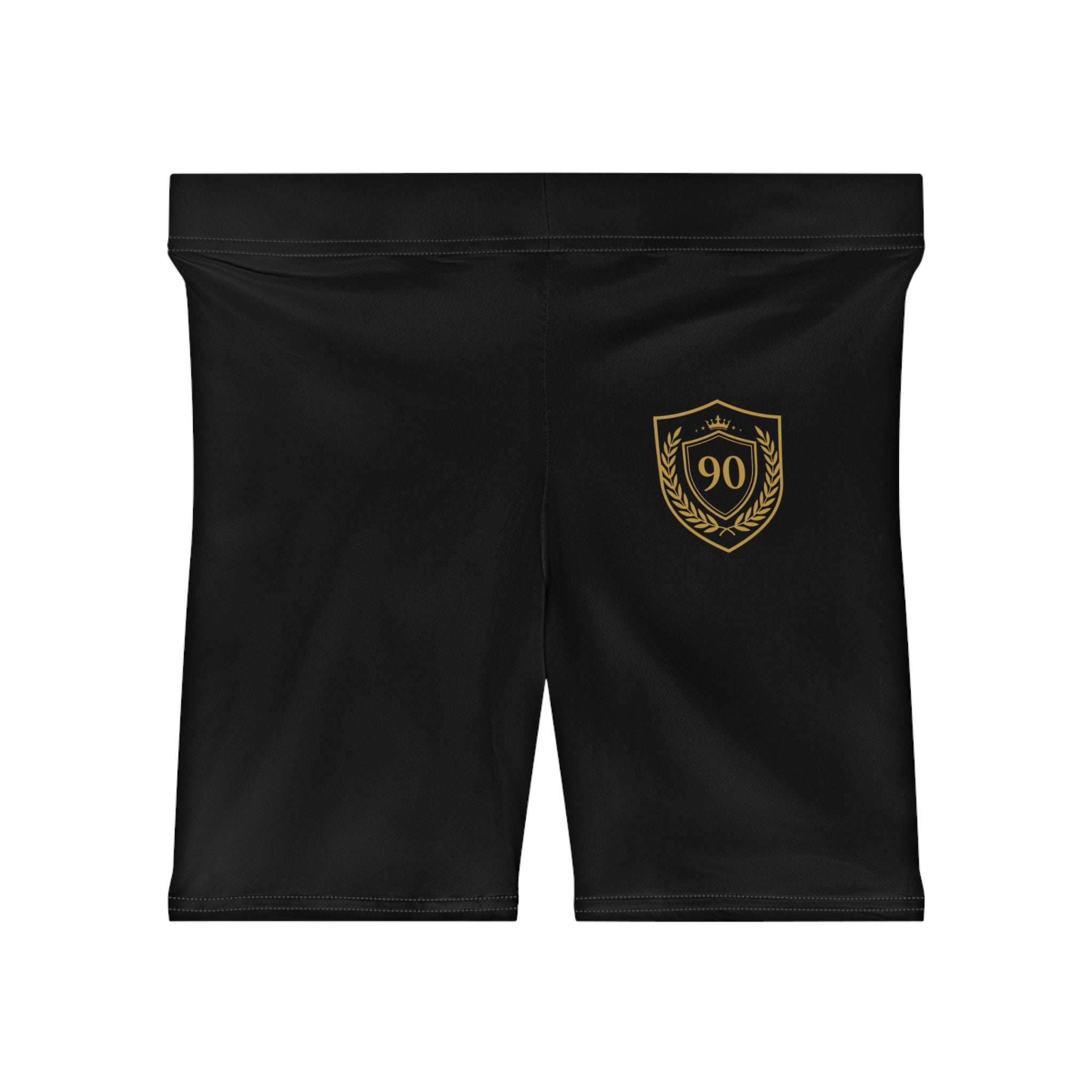 Ninety Minute | Gold Crest Logo Biker Shorts | Women’s Mid-Rise Active Shorts - Black