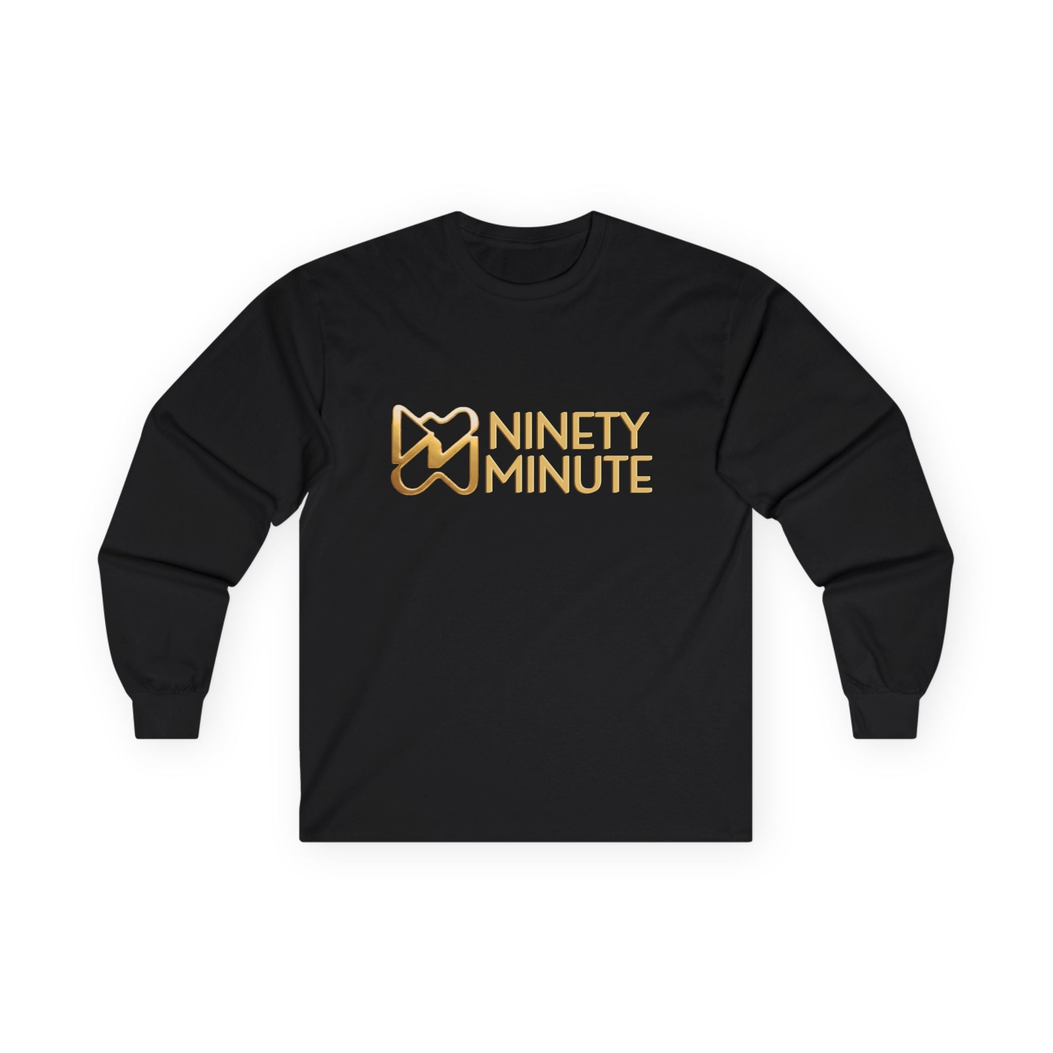 Ninety Minute Men’s Ultra Cotton Long Sleeve Tee (Black/White, Wordmark)