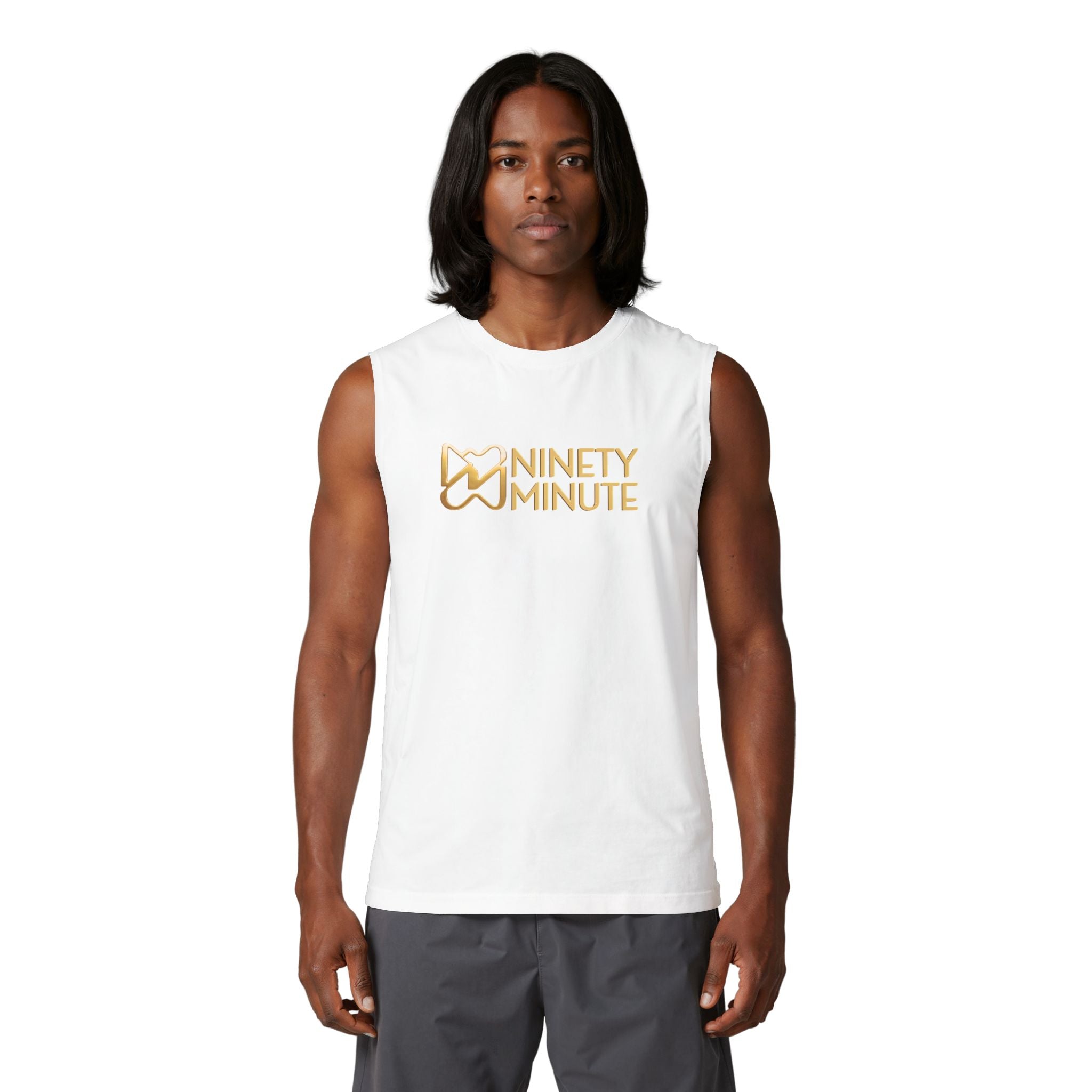 Ninety Minute Men’s Jersey Muscle Tank (Black/White, Wordmark)