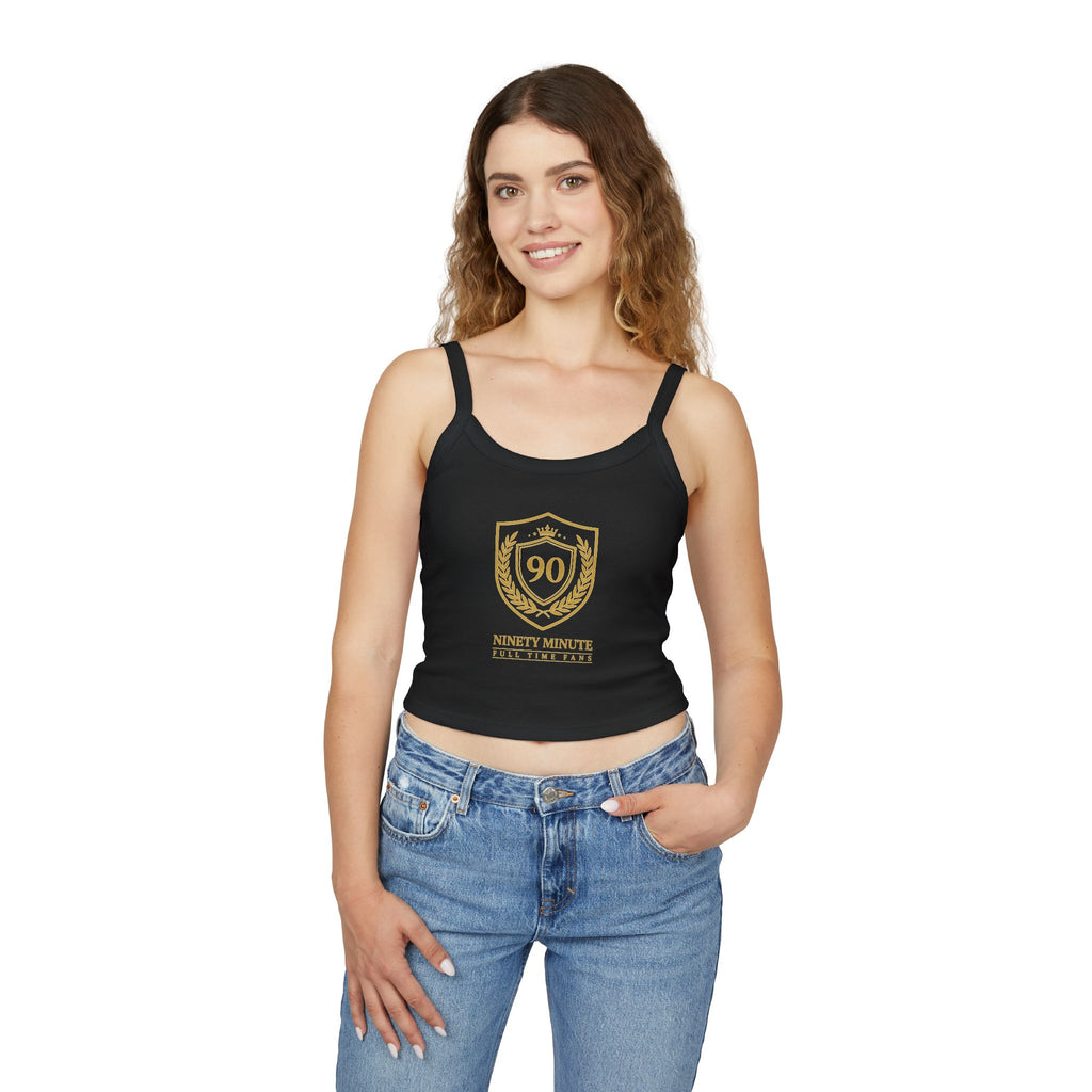 Ninety Minute | Gold Crest Logo Fitted Tank | Women’s Spaghetti Strap Crop Top