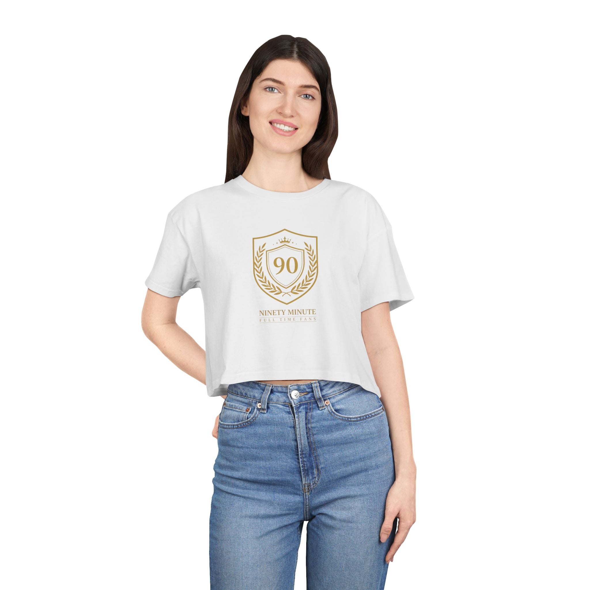 Ninety Minute | Gold Crest Logo Boxy Crop Tee | Women’s Relaxed Crewneck