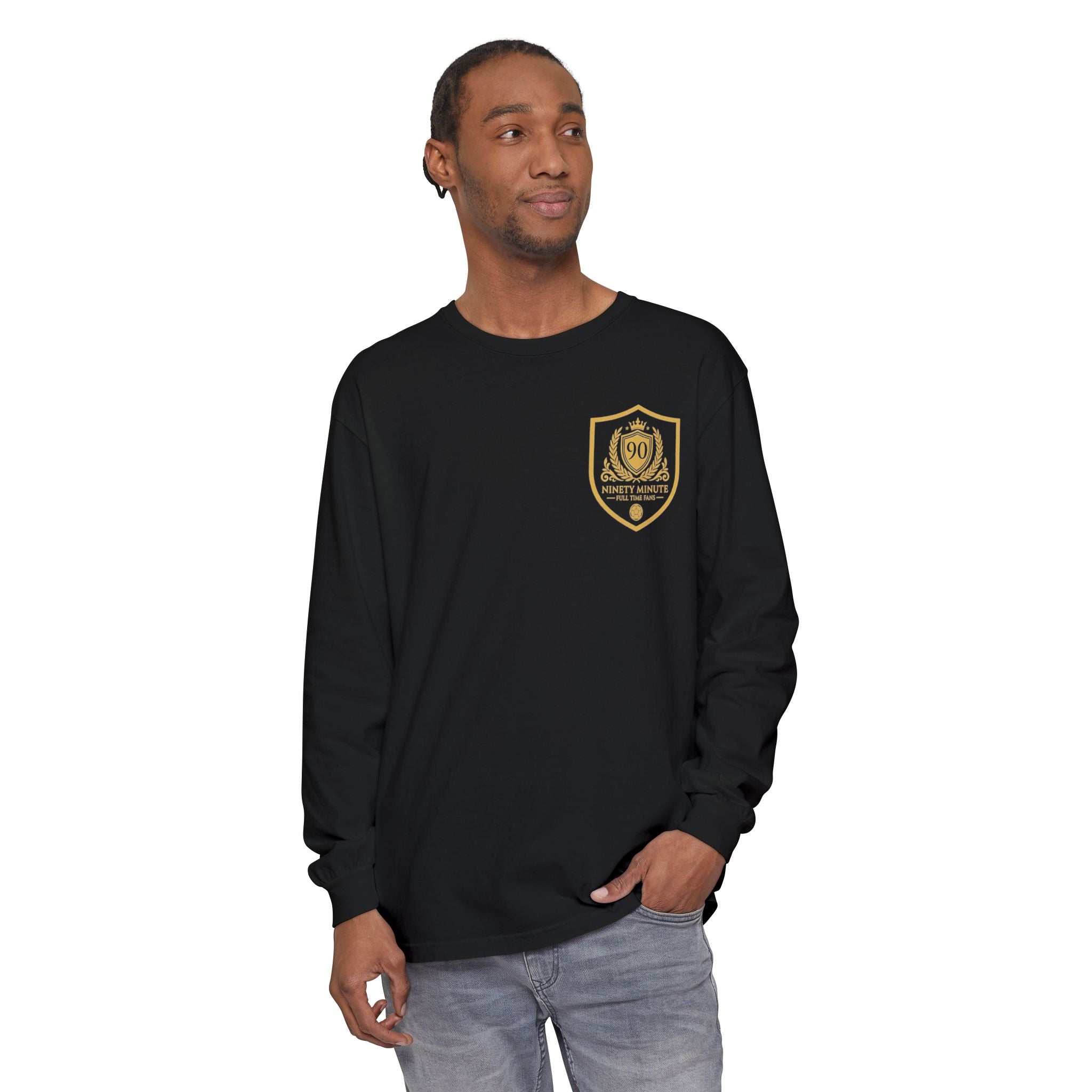 Gold Crest Badge Long Sleeve T-Shirt | Shield Emblem Pocket Graphic