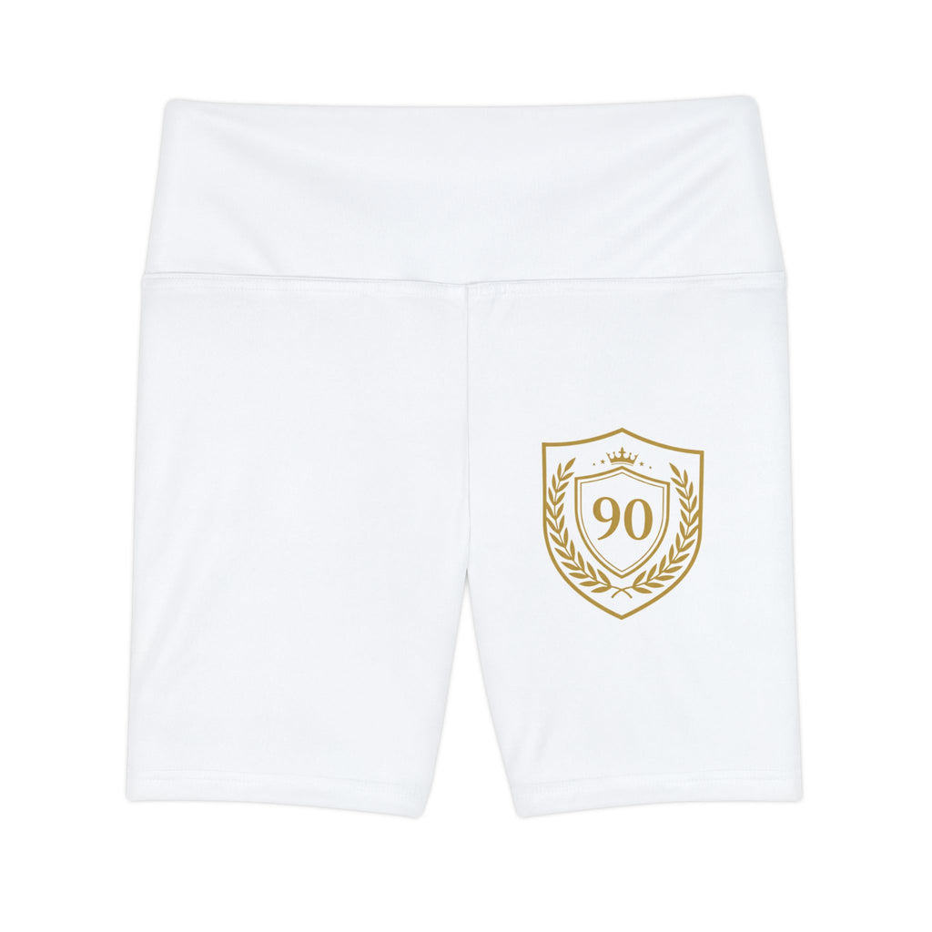 Ninety Minute | Gold Crest Logo Bike Shorts | Women’s High-Waist Workout Shorts - White