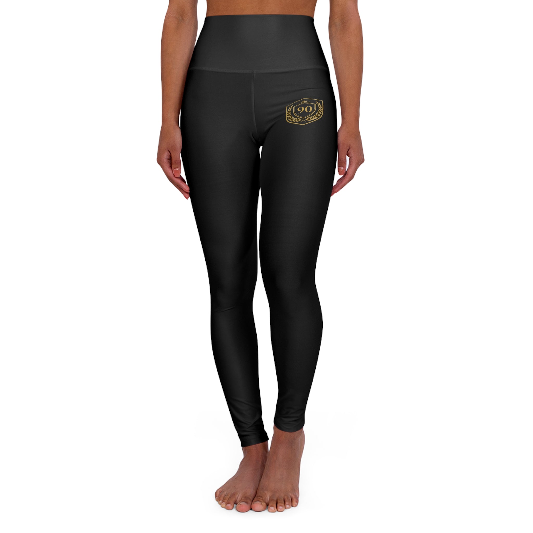 Ninety Minute | Gold Crest Logo High-Waist Leggings | Women’s Yoga Performance Pants - Black