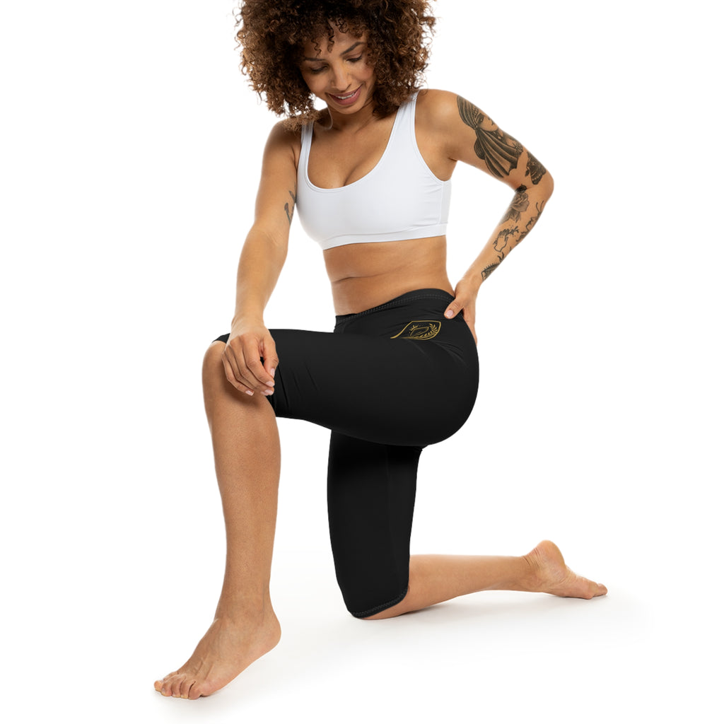 Ninety Minute | Gold Crest Logo Capri Leggings | Women’s Mid-Rise Active Pants - Black
