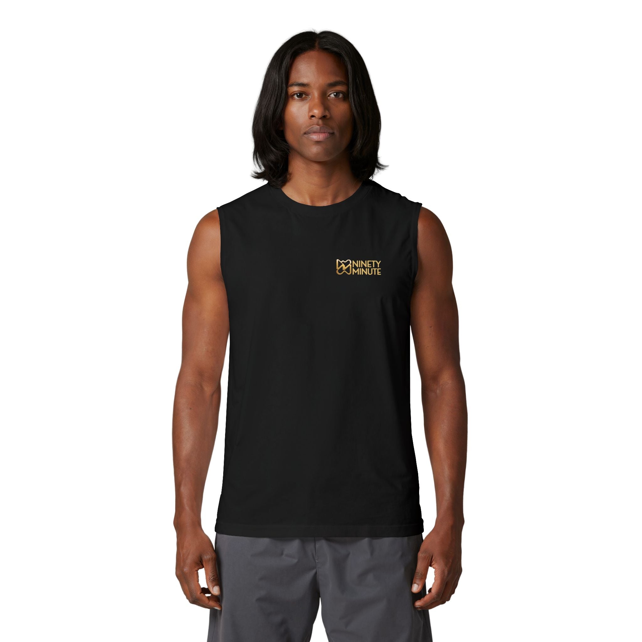 Ninety Minute Men’s Jersey Muscle Tank (Black/White, Wordmark)