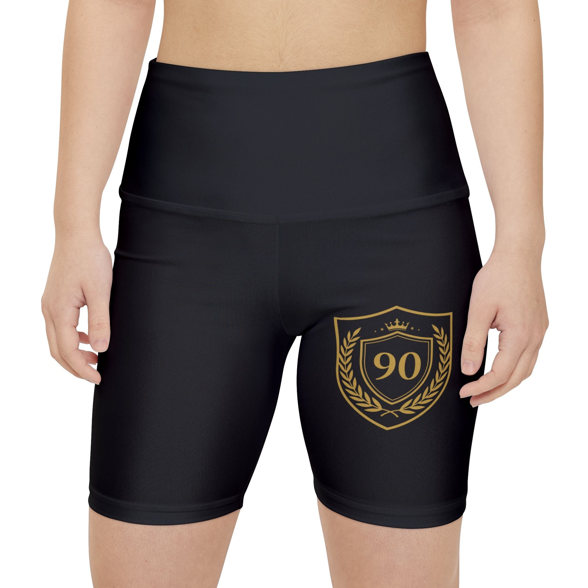 Ninety Minute | Gold Crest Logo Bike Shorts | Women’s High-Waist Workout Shorts - Black