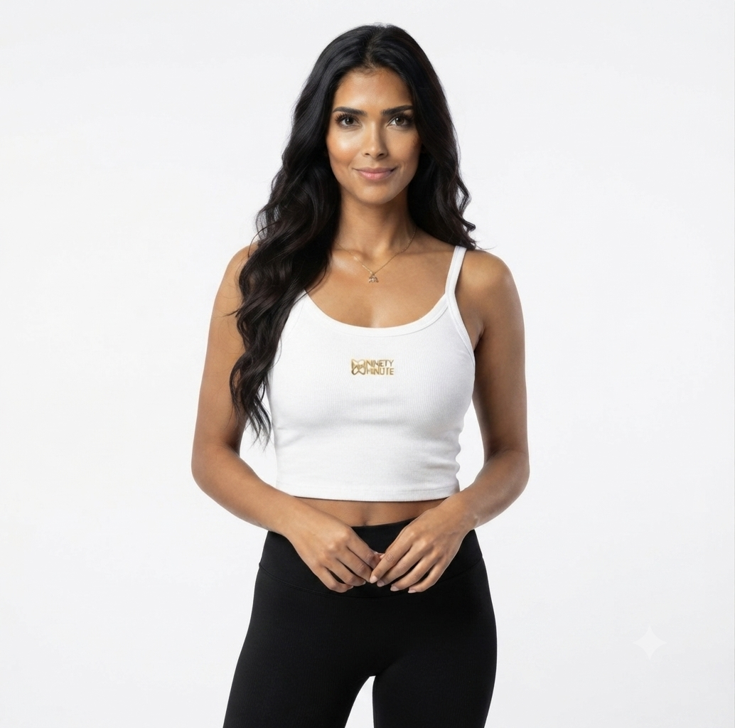 Ninety Minute, [White/Black], Gold Shield Logo Spaghetti Strap Tank