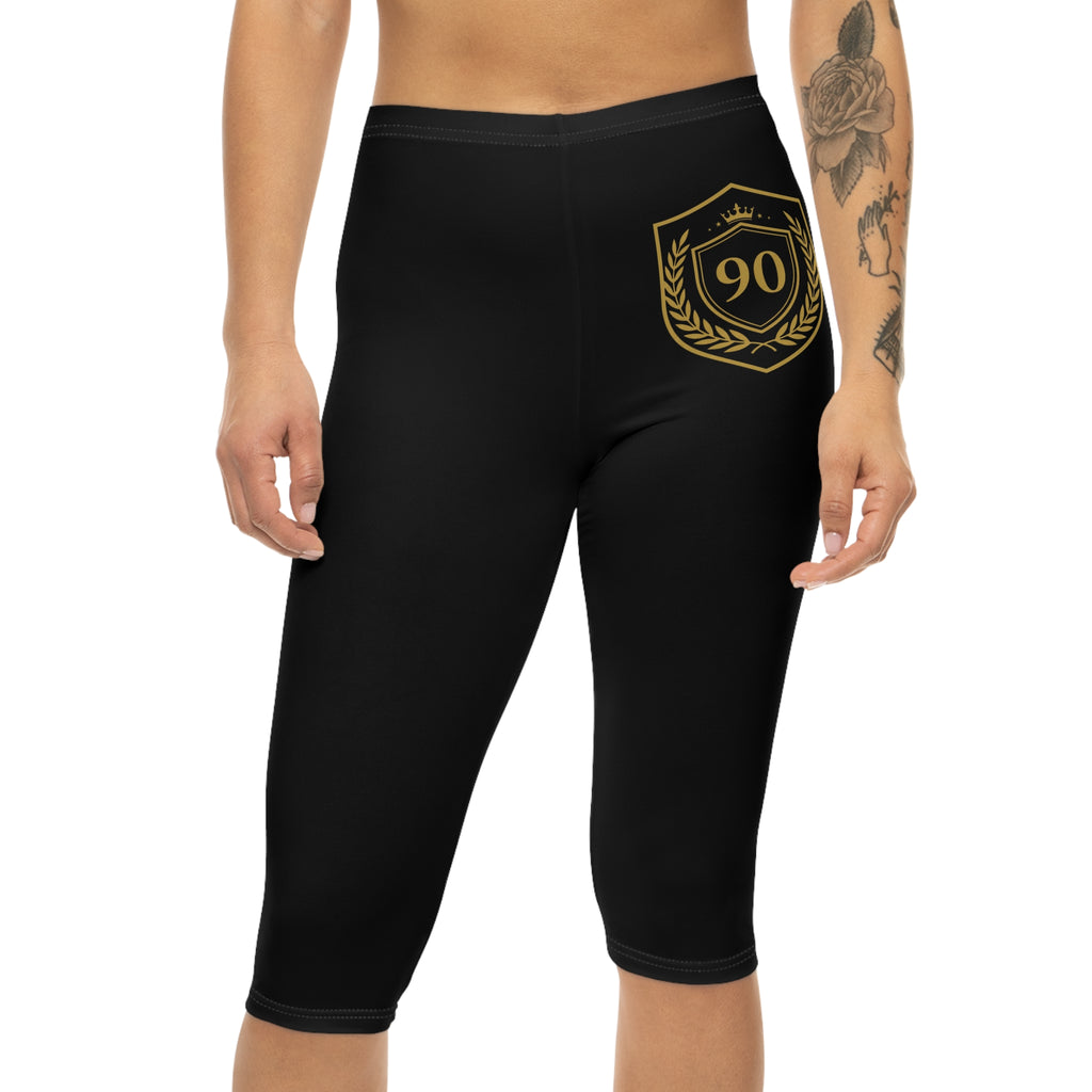 Ninety Minute | Gold Crest Logo Capri Leggings | Women’s Mid-Rise Active Pants - Black