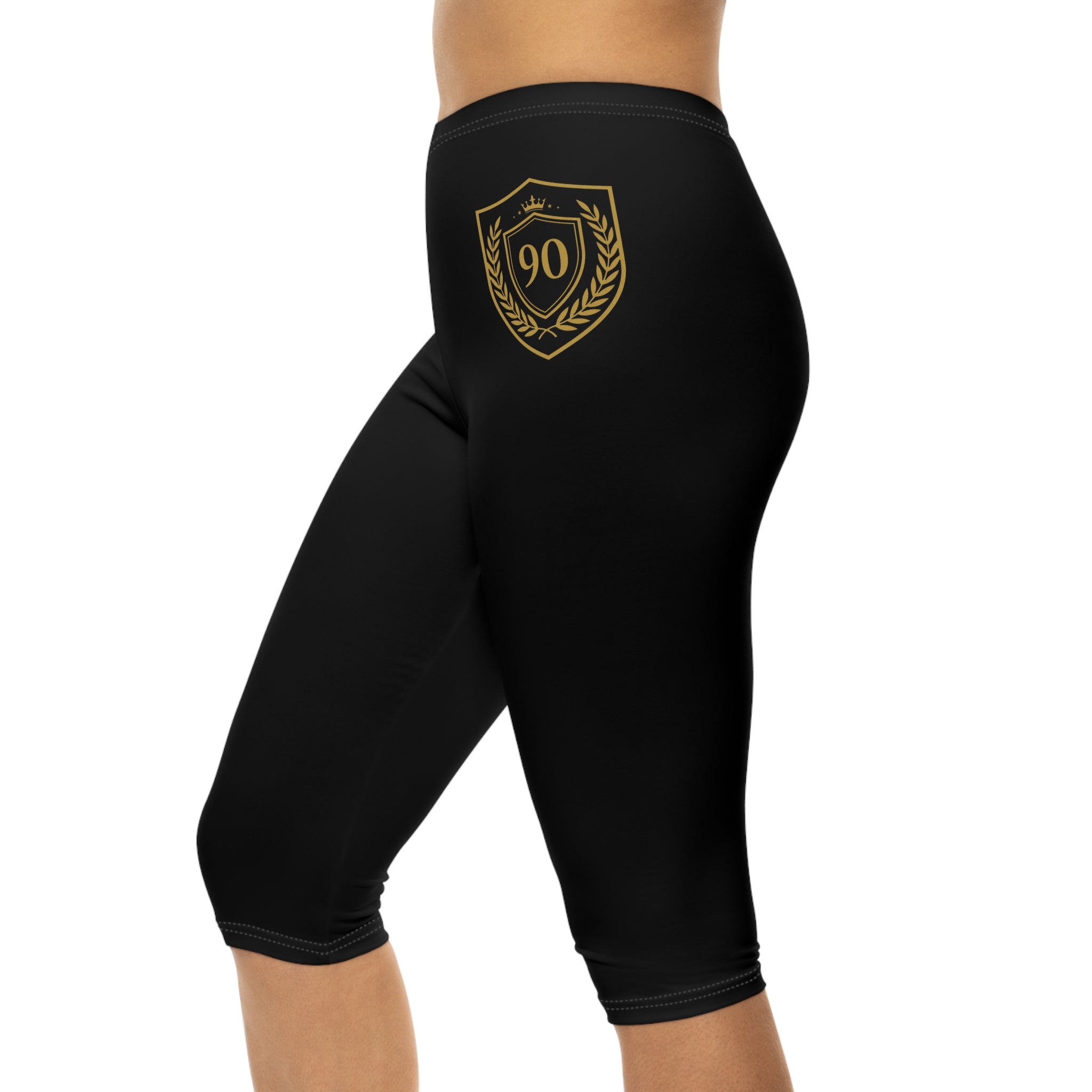 Ninety Minute | Gold Crest Logo Capri Leggings | Women’s Mid-Rise Active Pants - Black