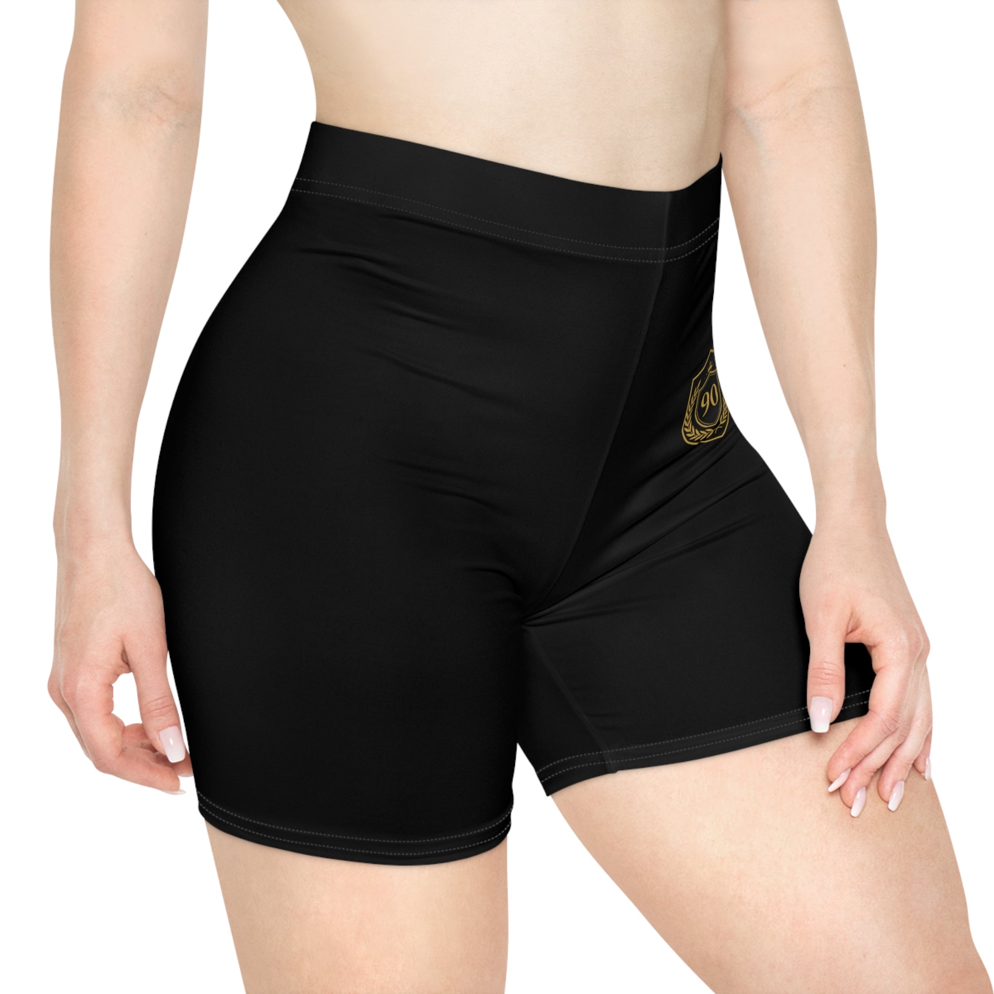 Ninety Minute | Gold Crest Logo Biker Shorts | Women’s Mid-Rise Active Shorts - Black