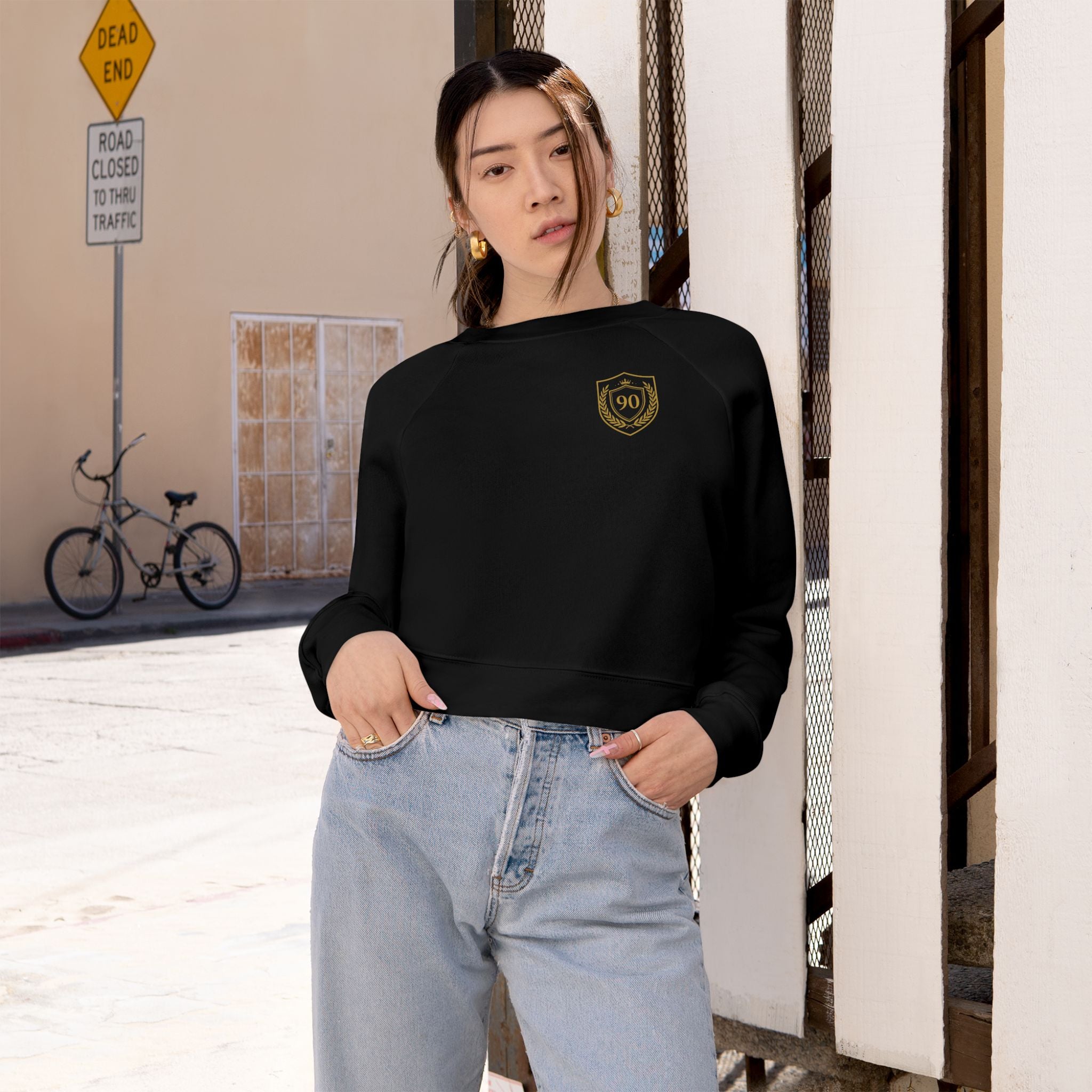 Ninety Minute | Gold Crest Logo Cropped Pullover | Black Women’s Crewneck