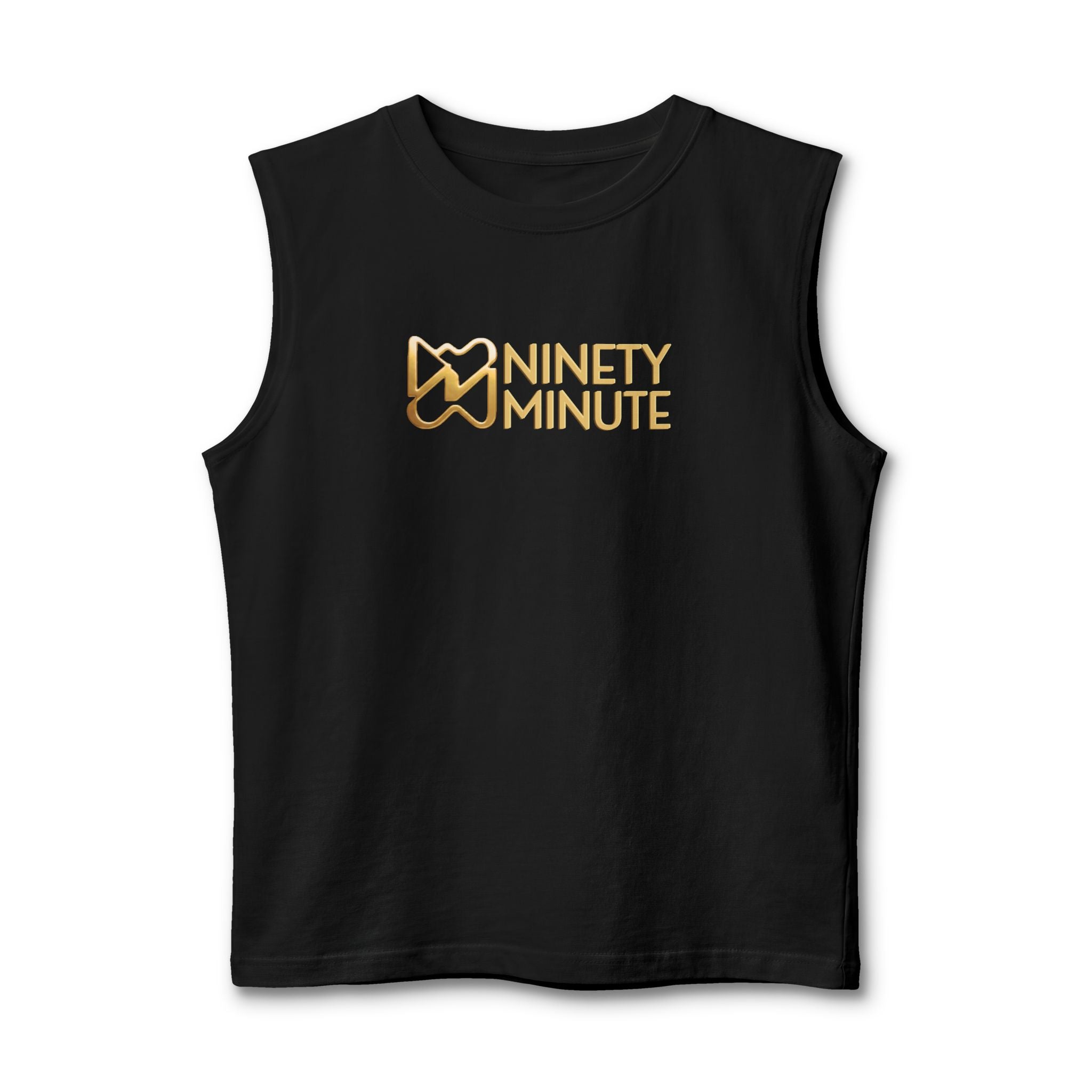 Ninety Minute Men’s Jersey Muscle Tank (Black/White, Wordmark)