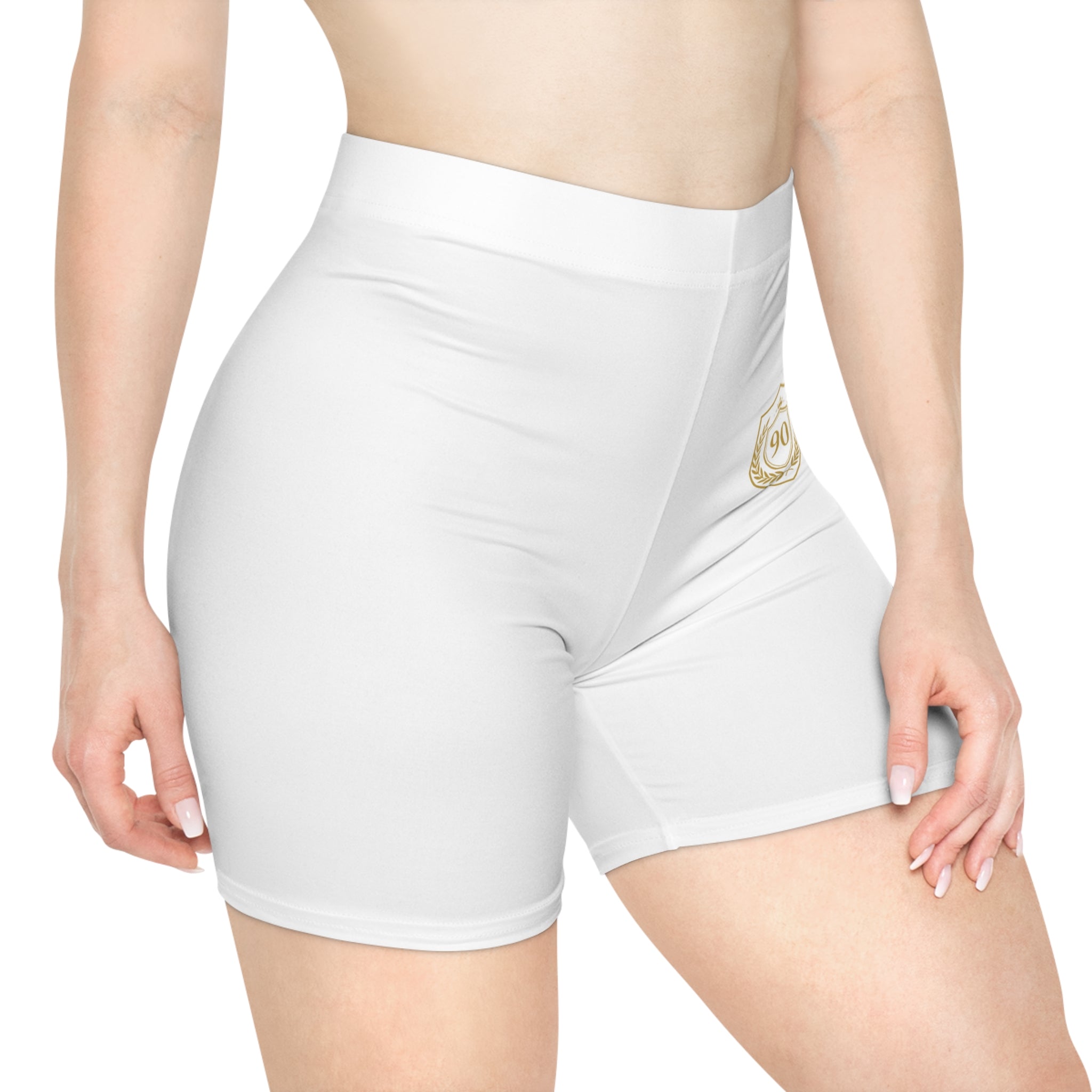 Ninety Minute | Gold Crest Logo Biker Shorts | Women’s Mid-Rise Active Shorts - White