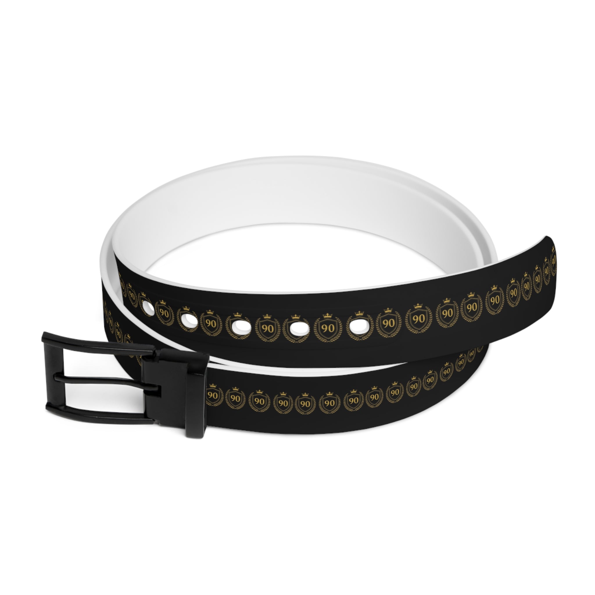 Ninety Minute” Black Crest Belt — Gold Crown & Shield Logo, Black Buckle