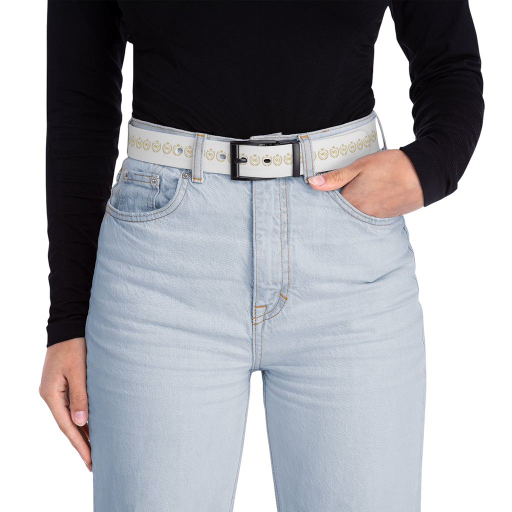Ninety Minute” White Crest Belt — Gold Crown & Shield Logo, Black Buckle
