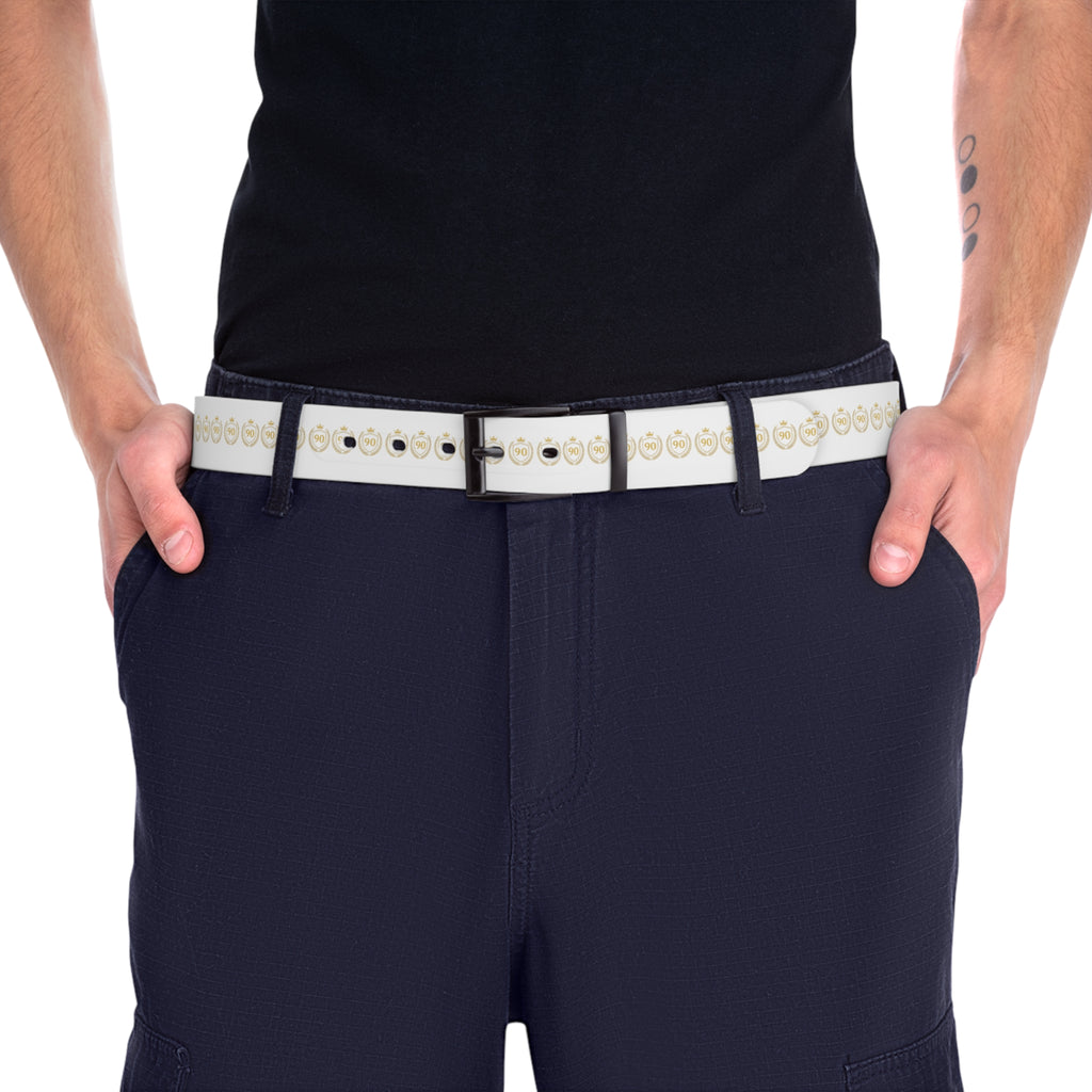 Ninety Minute” White Crest Belt — Gold Crown & Shield Logo, Black Buckle