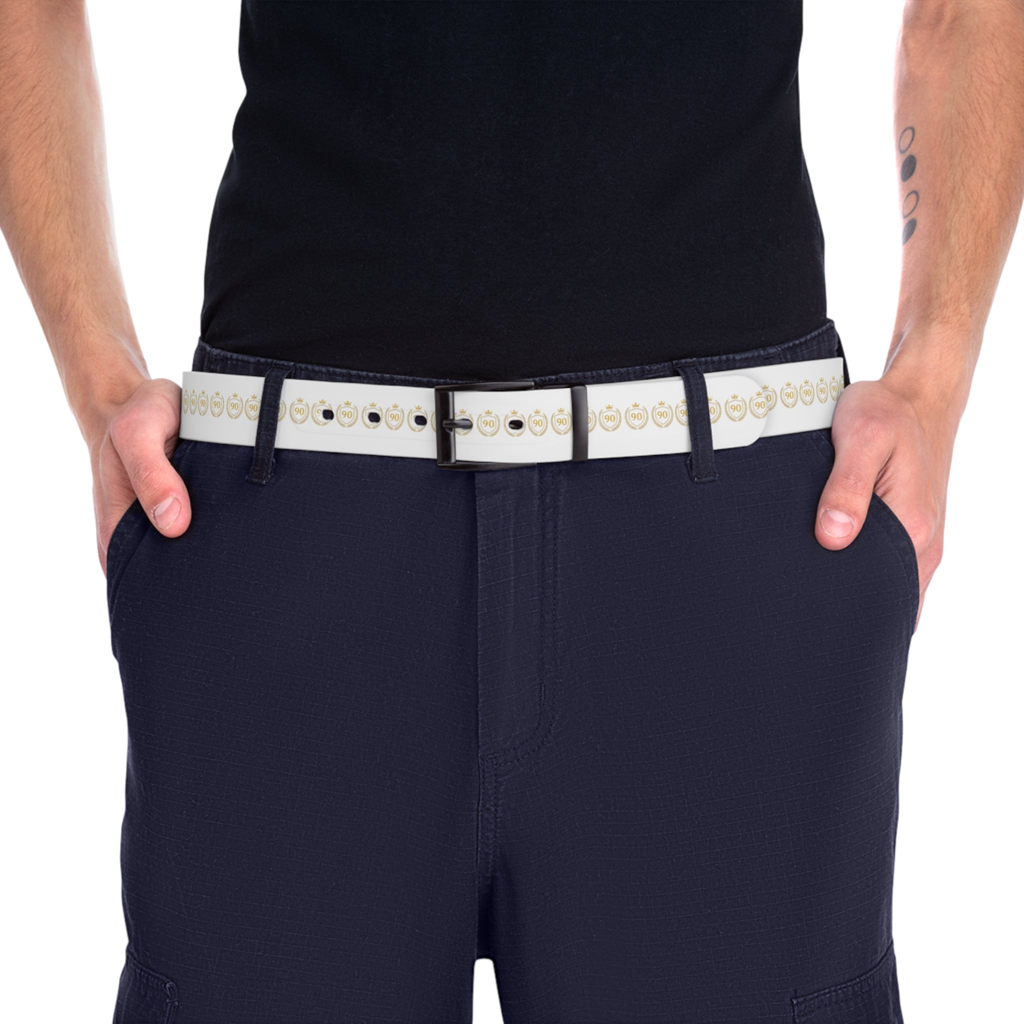 Ninety Minute” White Crest Belt — Gold Crown & Shield Logo, Black Buckle