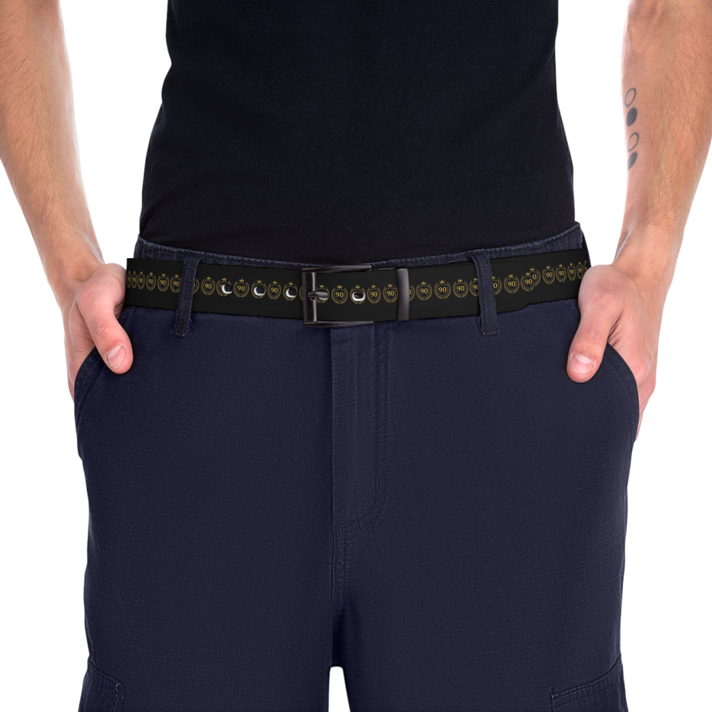 Ninety Minute” Black Crest Belt — Gold Crown & Shield Logo, Black Buckle