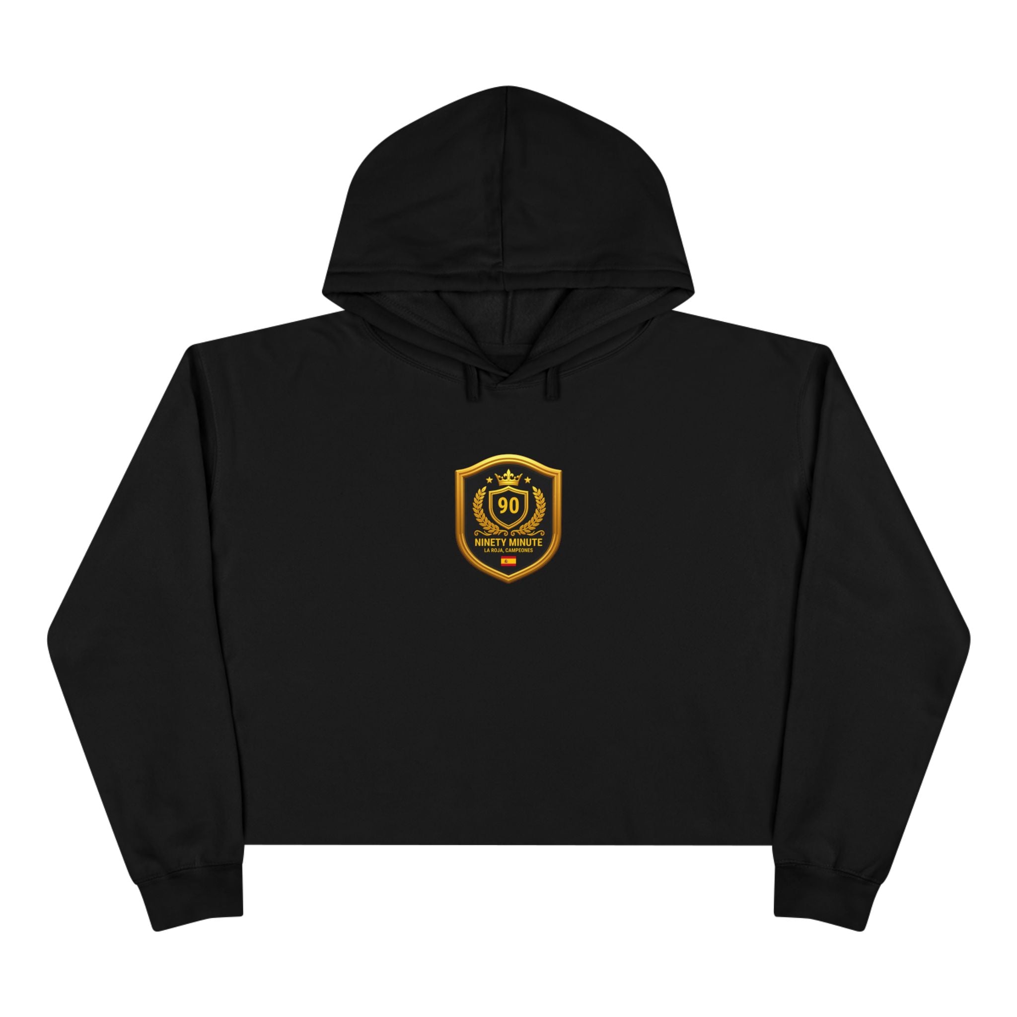 Spain Champions Crop Hoodie — Gold Shield Crest Graphic