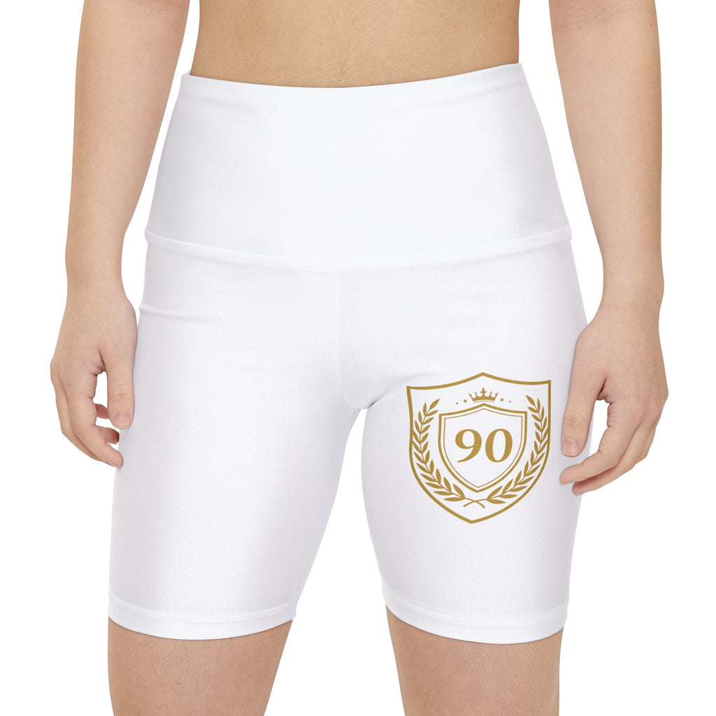 Ninety Minute | Gold Crest Logo Bike Shorts | Women’s High-Waist Workout Shorts - White