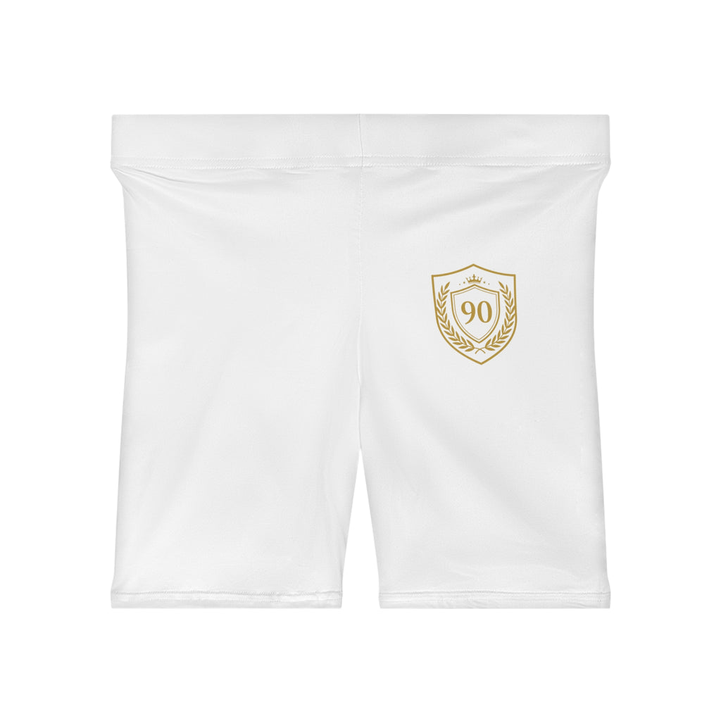 Ninety Minute | Gold Crest Logo Biker Shorts | Women’s Mid-Rise Active Shorts - White