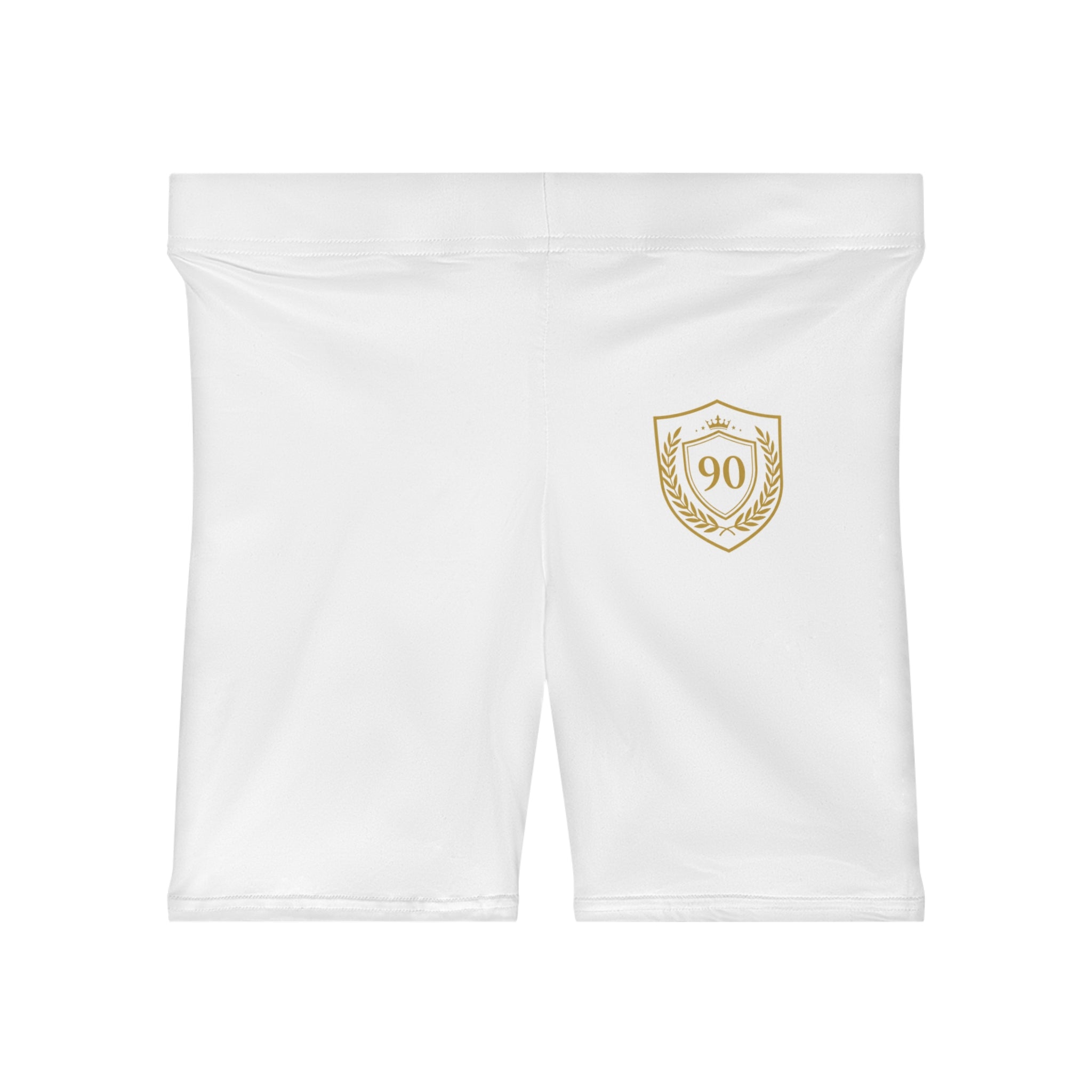 Ninety Minute | Gold Crest Logo Biker Shorts | Women’s Mid-Rise Active Shorts - White