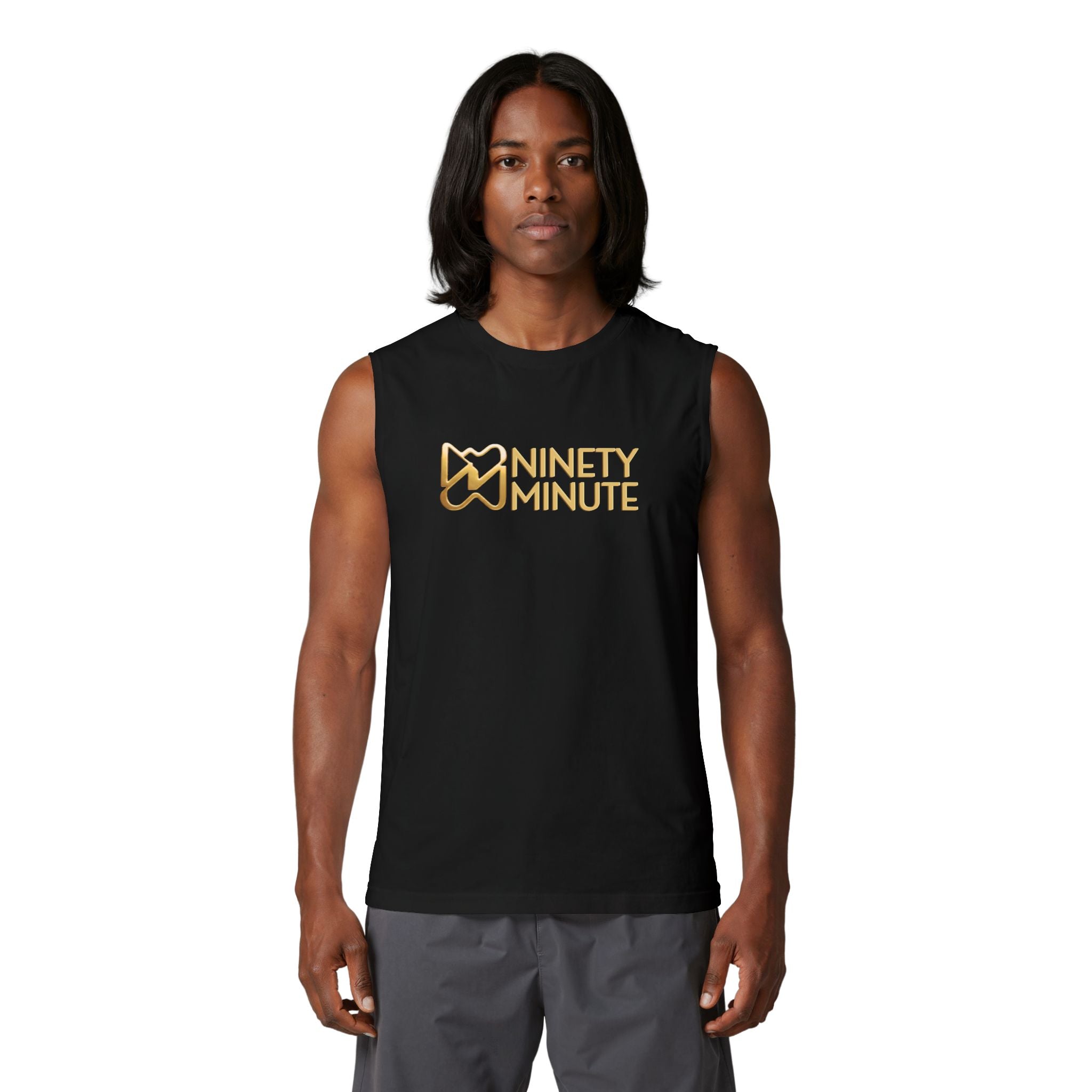 Ninety Minute Men’s Jersey Muscle Tank (Black/White, Wordmark)