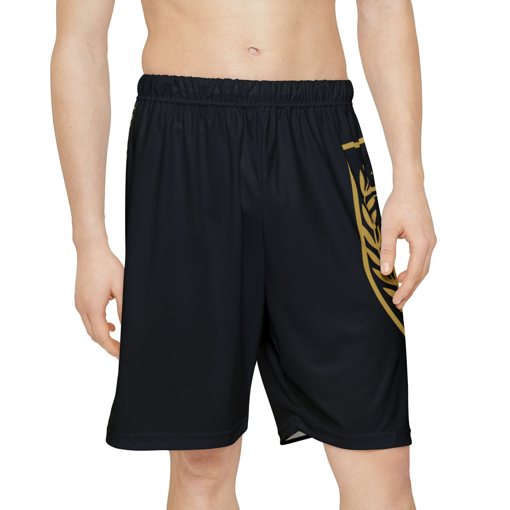 Gold Crest Emblem Sports Shorts | Black Athletic Shorts
