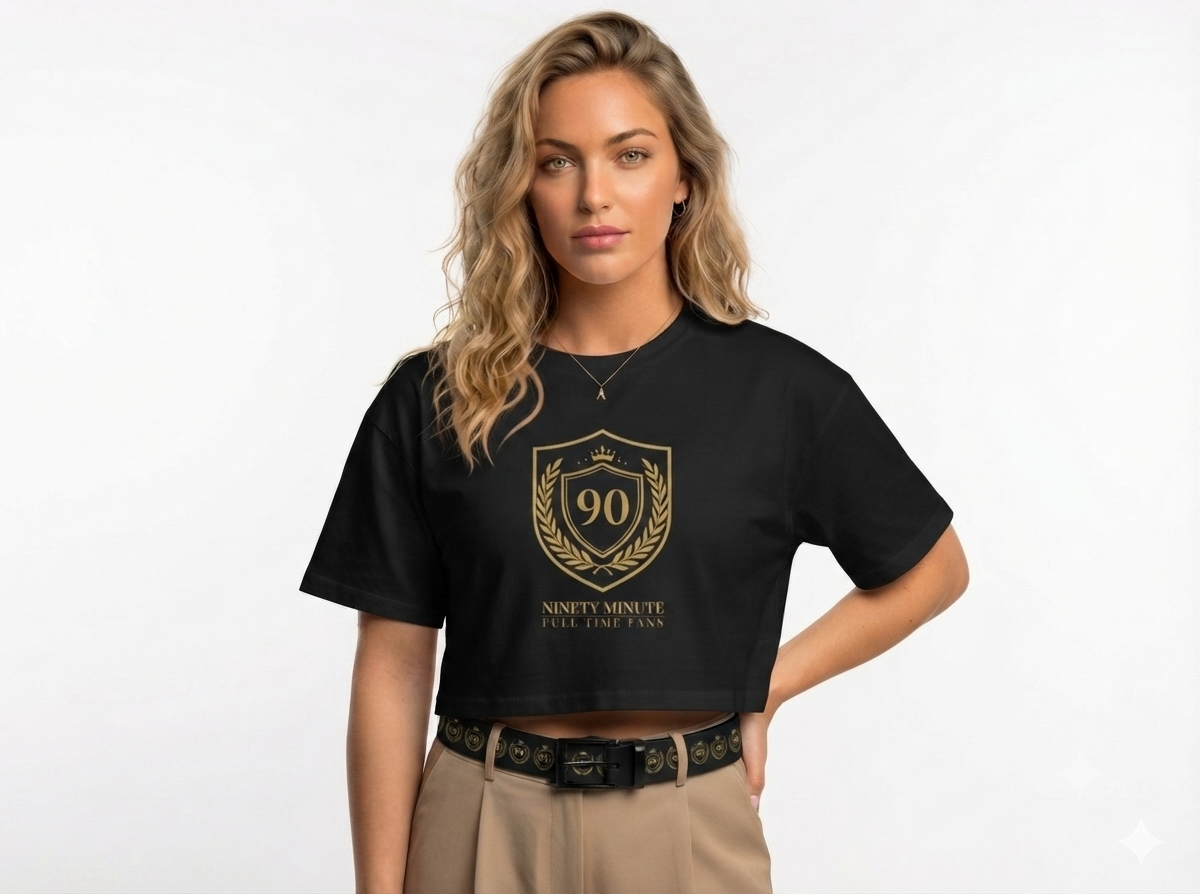 Ninety Minute | Gold Crest Logo Boxy Crop Tee | Women’s Relaxed Crewneck