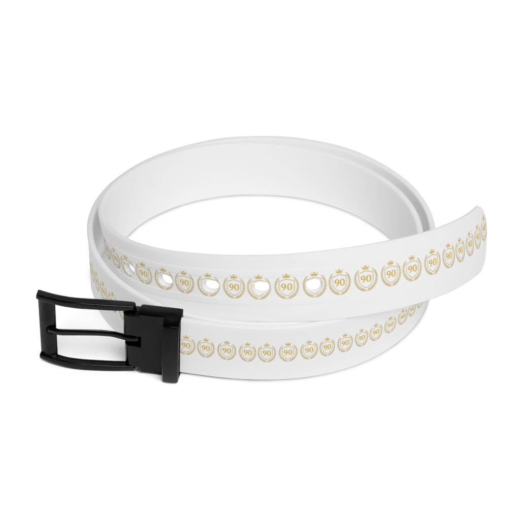 Ninety Minute” White Crest Belt — Gold Crown & Shield Logo, Black Buckle