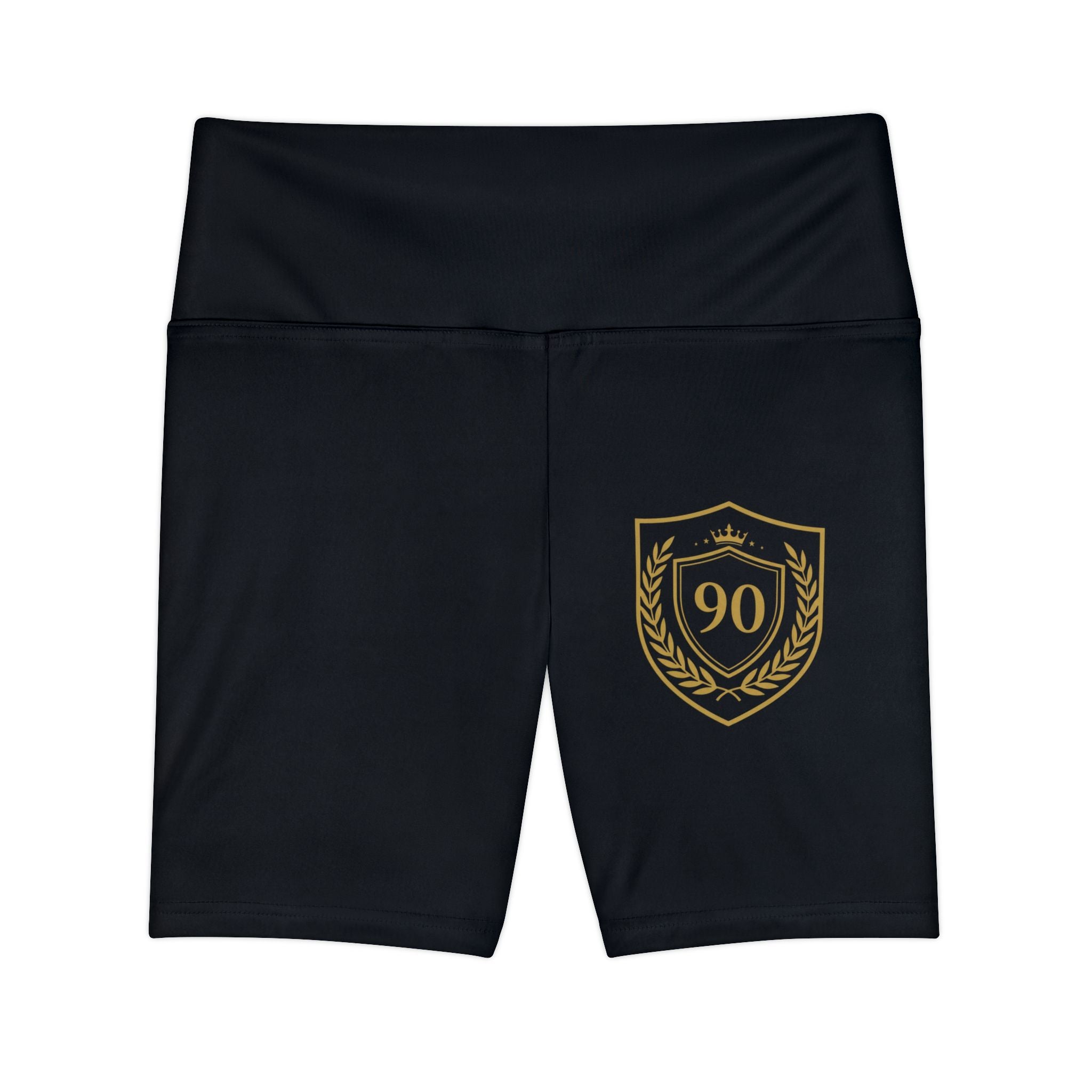 Ninety Minute | Gold Crest Logo Bike Shorts | Women’s High-Waist Workout Shorts - Black
