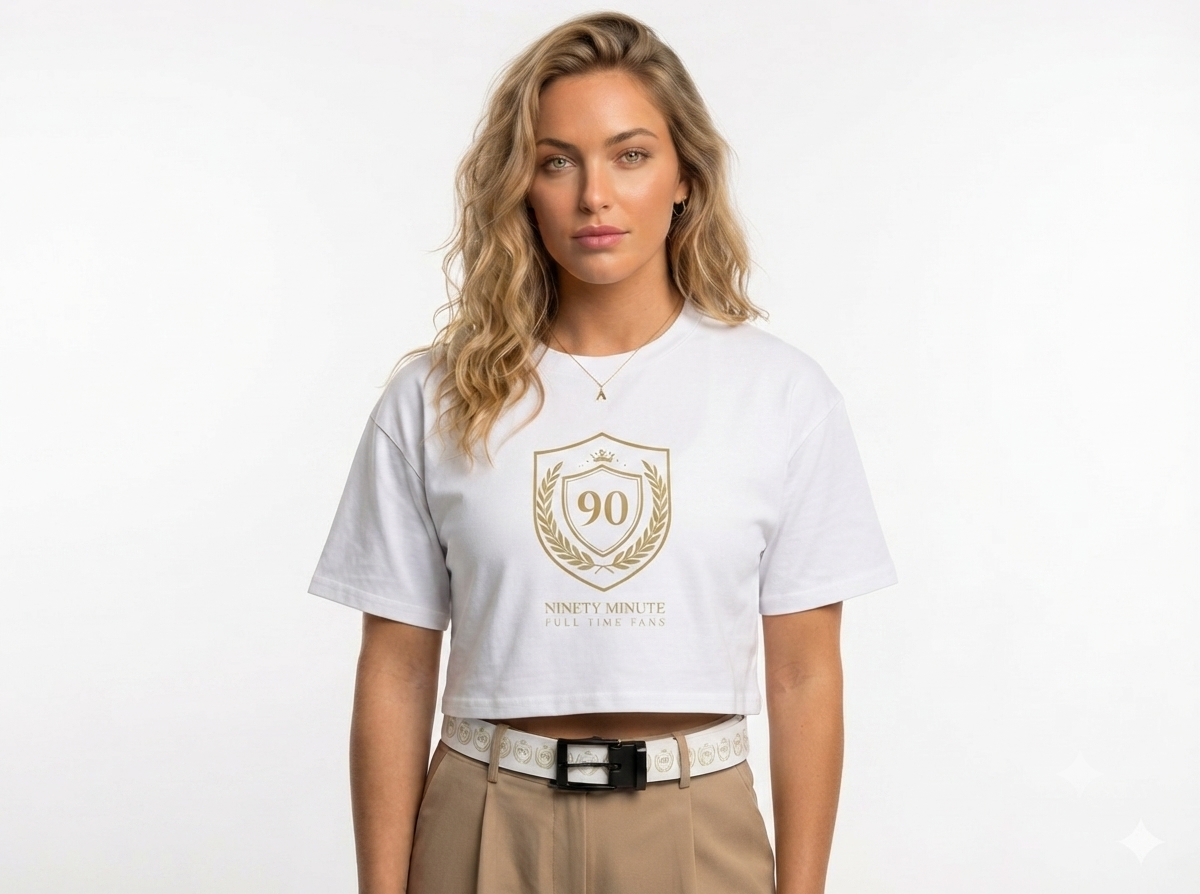Ninety Minute | Gold Crest Logo Boxy Crop Tee | Women’s Relaxed Crewneck
