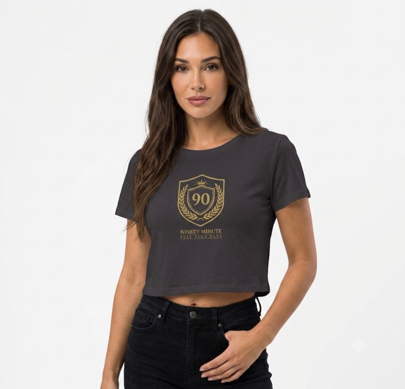 Ninety Minute | Gold Crest Logo Cropped Tee | Women’s Scoop Neck Crop Top