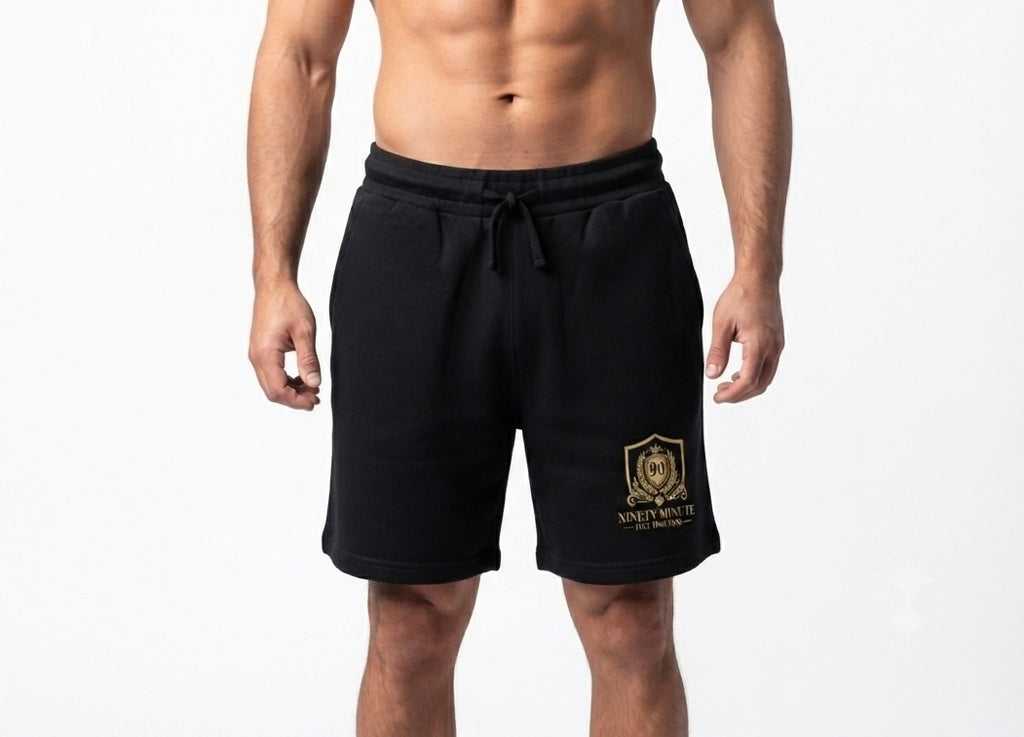 Gold Shield 90 Crest Sweatshorts | Black Athletic Lounge Shorts