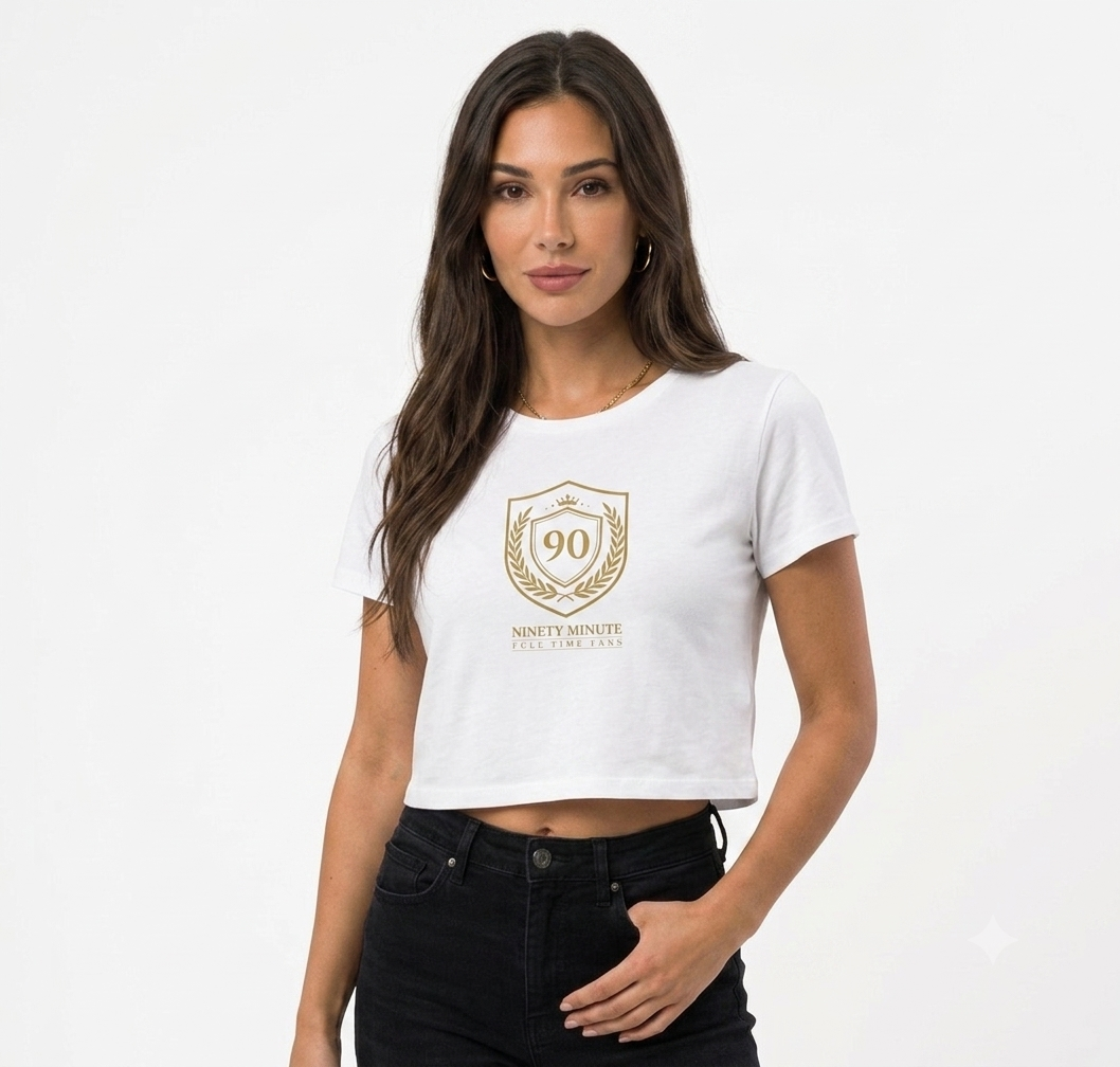Ninety Minute | Gold Crest Logo Cropped Tee | Women’s Scoop Neck Crop Top