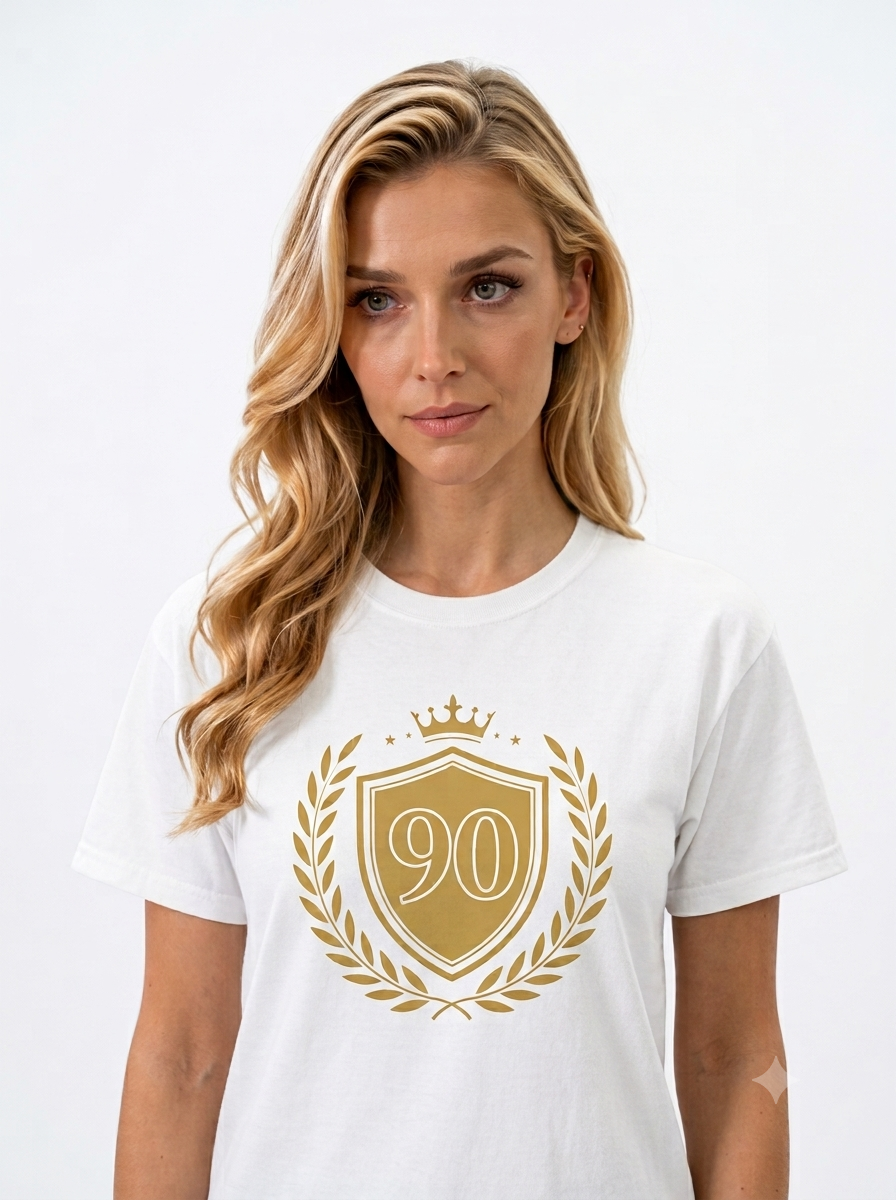 Gold 90 Crest Laurel Shield T-shirt | 90th Anniversary Number Tee - Women