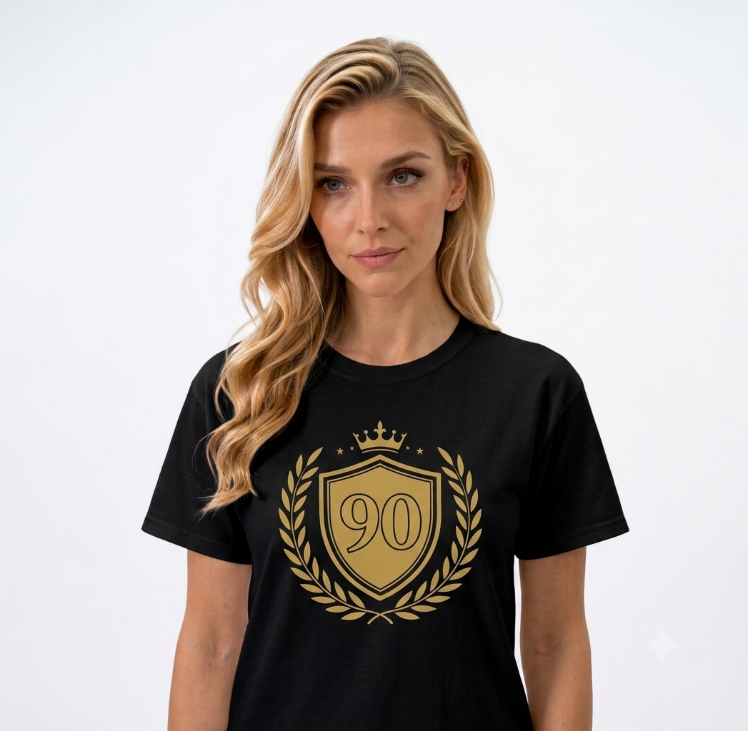 Gold 90 Crest Laurel Shield T-shirt | 90th Anniversary Number Tee - Women