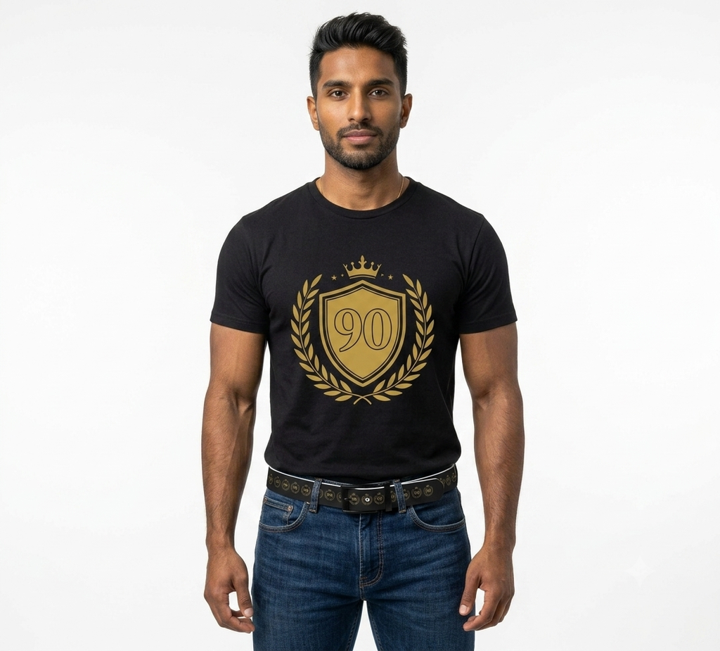 Gold 90 Crest Laurel Shield T-shirt | 90th Anniversary Number Tee - Men