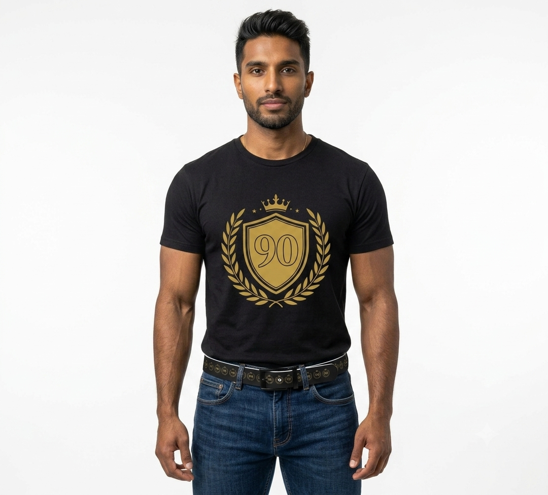 Gold 90 Crest Laurel Shield T-shirt | 90th Anniversary Number Tee - Men