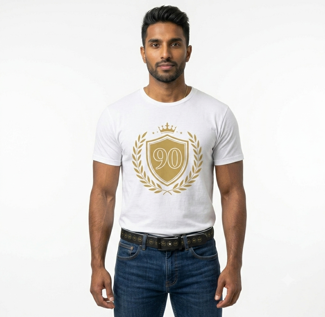 Gold 90 Crest Laurel Shield T-shirt | 90th Anniversary Number Tee - Men