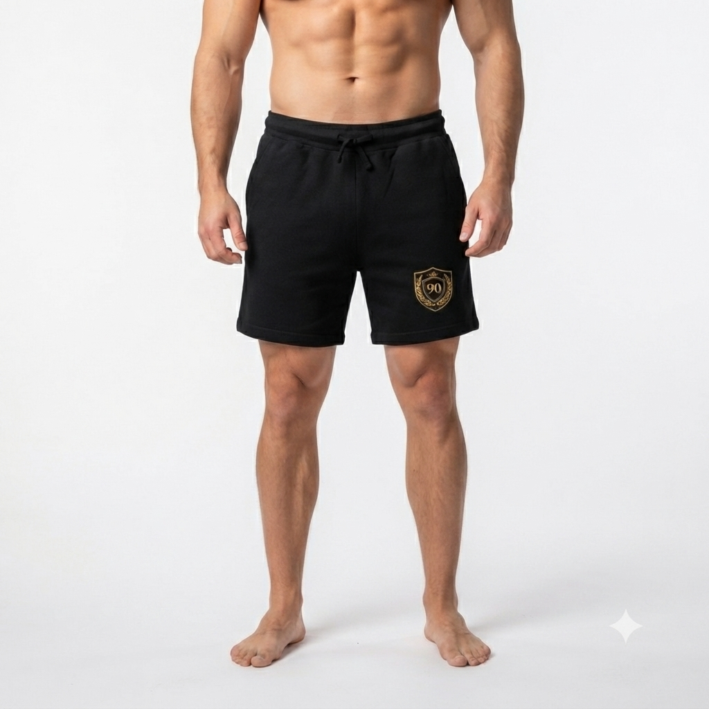 Gold 90 Crest Sweatshorts | Black Athletic Lounge Shorts