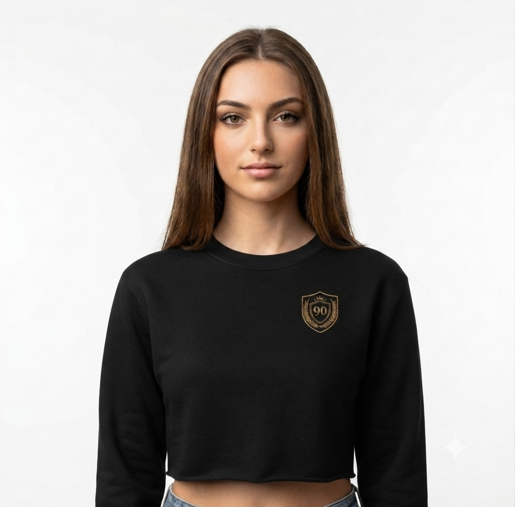 Ninety Minute | Gold Crest Logo Cropped Pullover | Black Women’s Crewneck