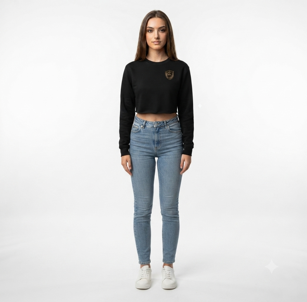 Ninety Minute | Gold Crest Logo Cropped Pullover | Black Women’s Crewneck