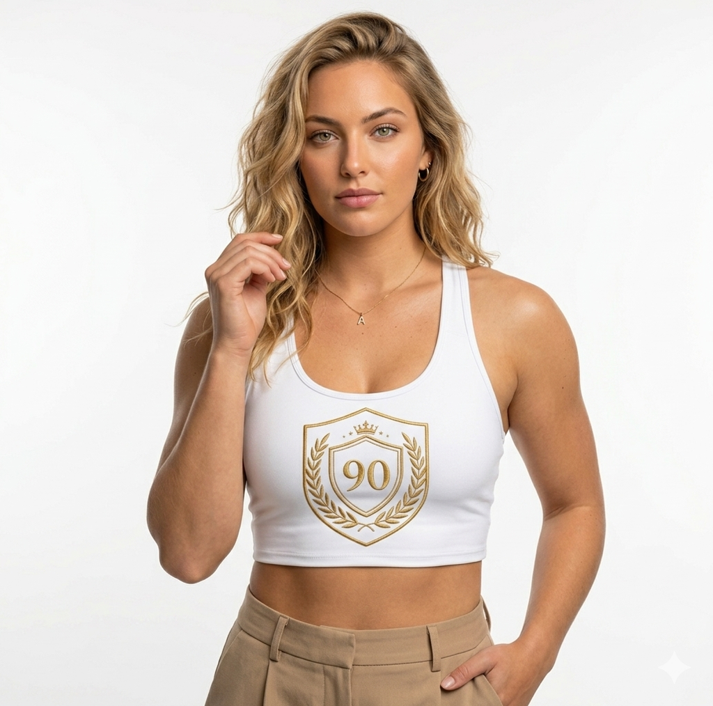 Ninety Minute | Gold Crest Logo Sports Bra | Women’s Polyester Bra Top - White