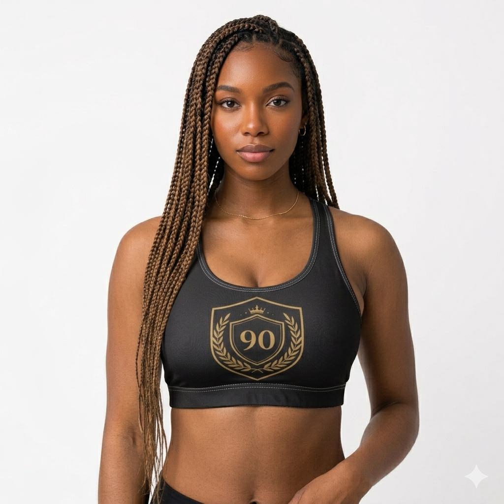 Ninety Minute | Gold Crest Logo Sports Bra | Women’s Polyester Bra Top - Black